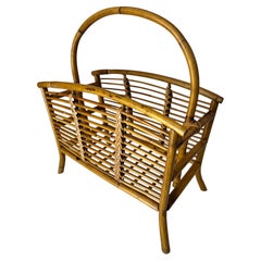 Vintage Bent Bamboo & Rattan Magazine Rack with Hand-Braided Wicker, Mid-Century