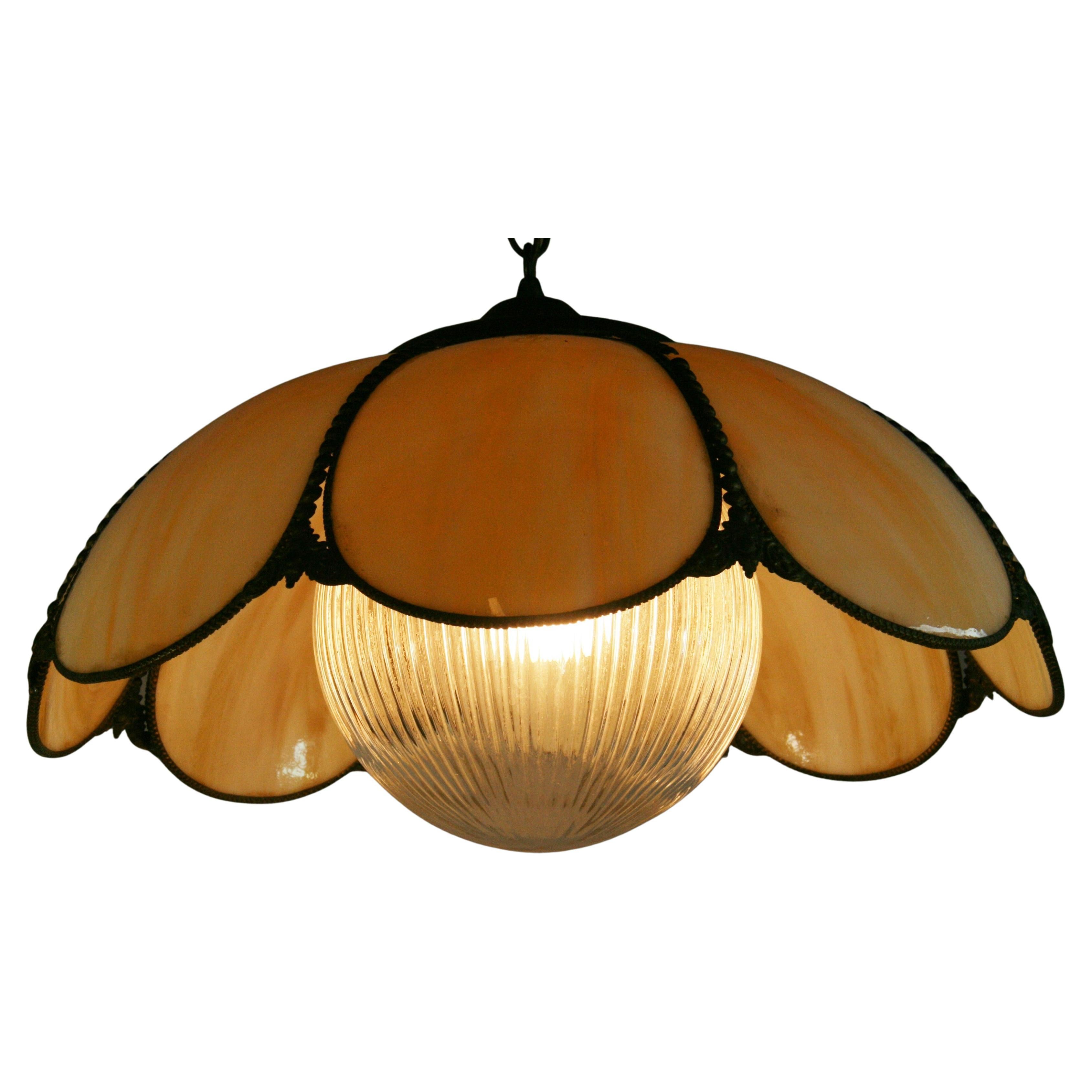Vintage Bent Glass and Ribbed Clear Glass Pendant