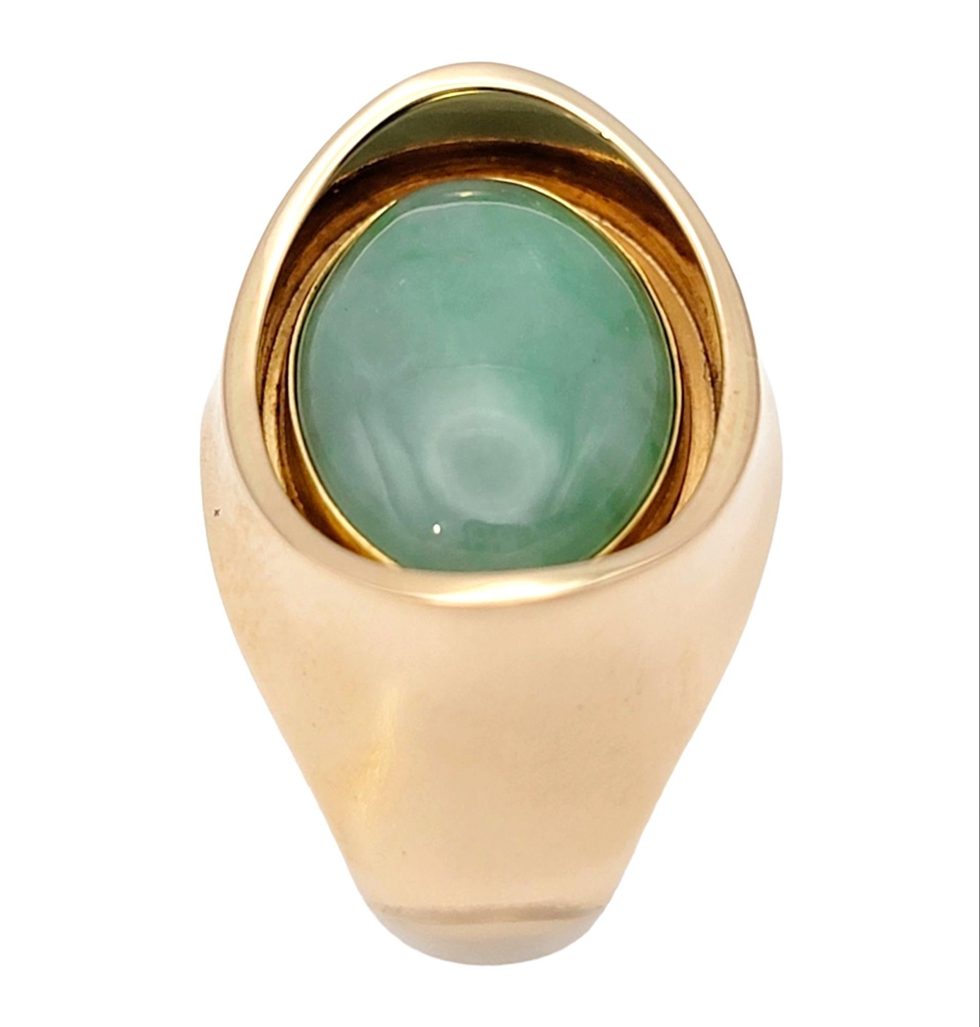 Contemporary Vintage Bent Knudsen Oval Cabochon Jade Deep Bezel Yellow Gold Cocktail Ring For Sale