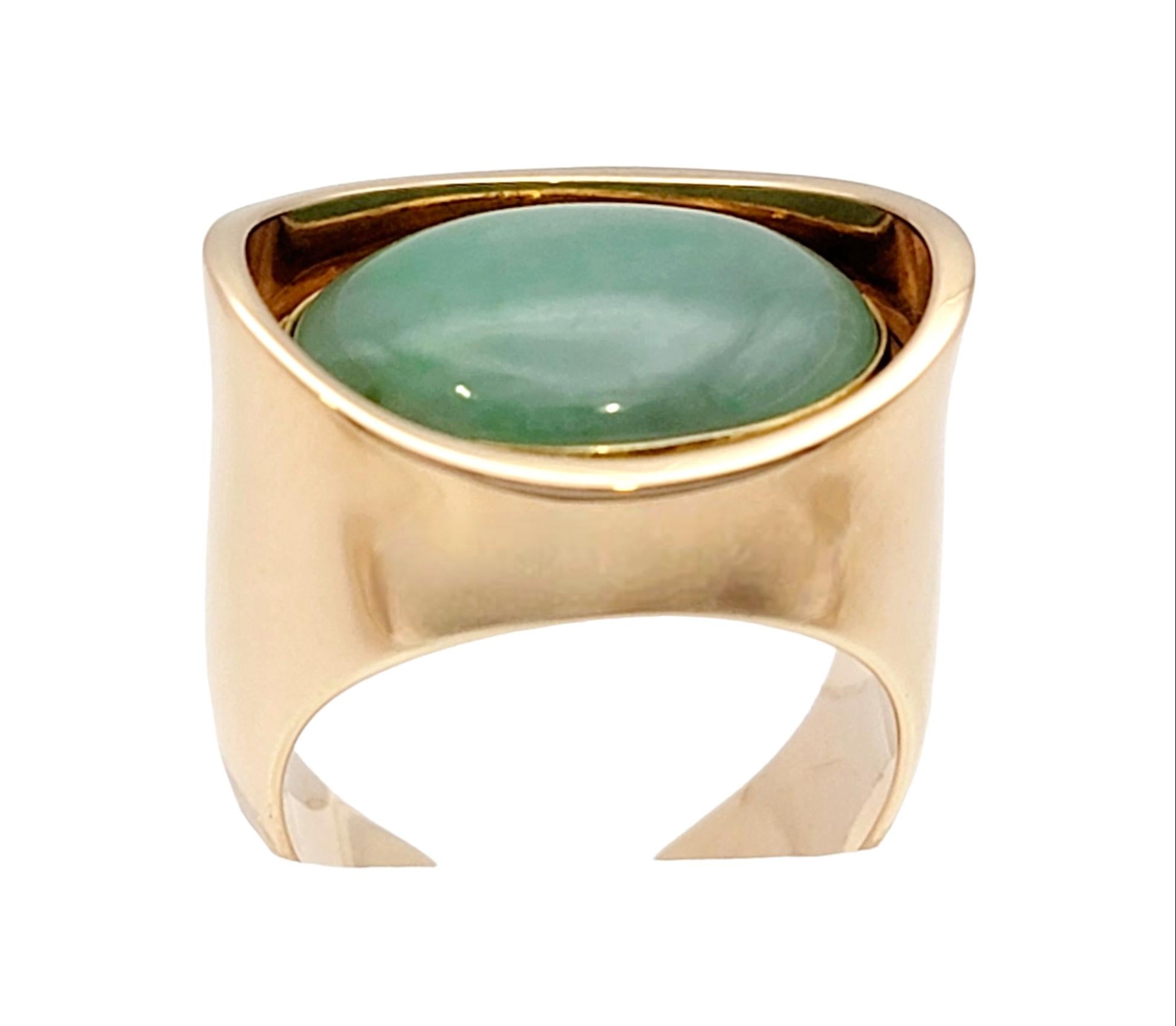 Vintage Bent Knudsen Oval Cabochon Jade Deep Bezel Yellow Gold Cocktail Ring In Good Condition For Sale In Scottsdale, AZ