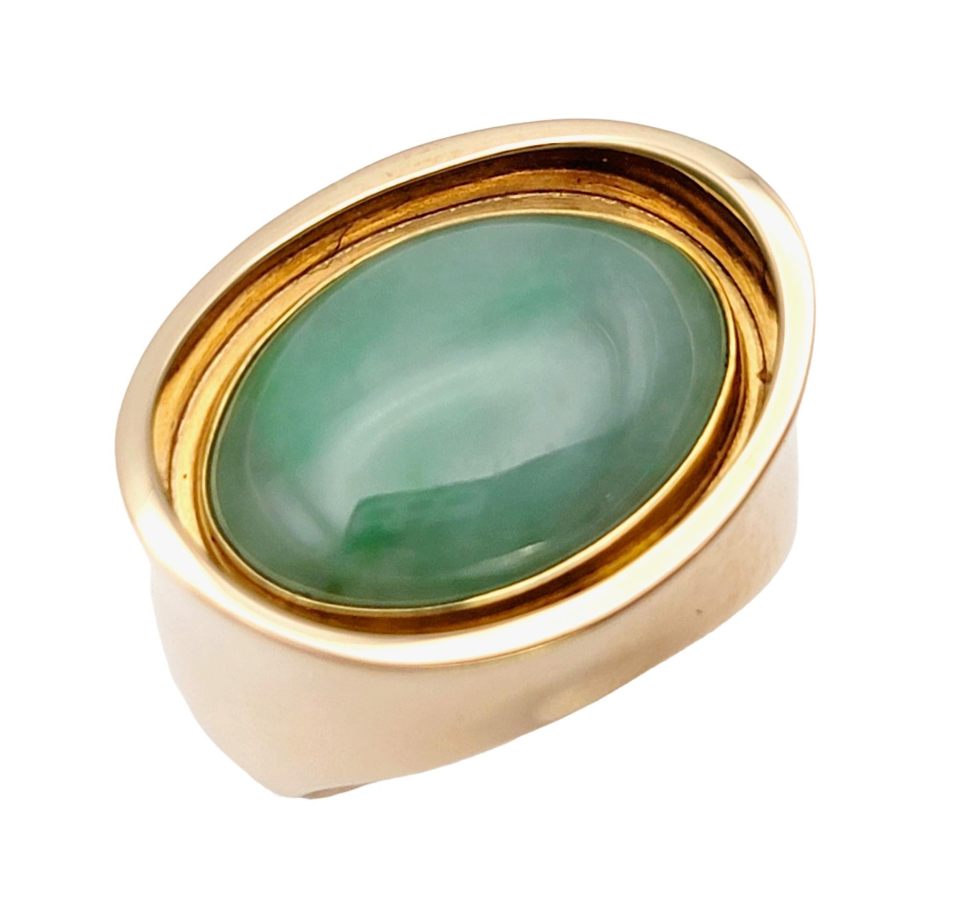 Women's Vintage Bent Knudsen Oval Cabochon Jade Deep Bezel Yellow Gold Cocktail Ring For Sale