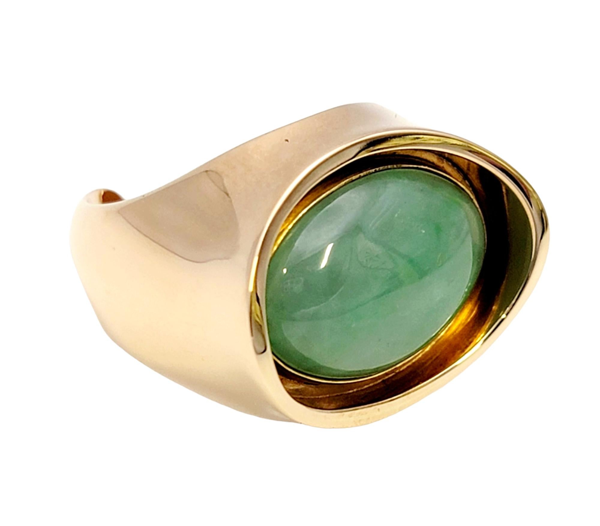 Vintage Bent Knudsen Oval Cabochon Jade Deep Bezel Yellow Gold Cocktail Ring For Sale 1