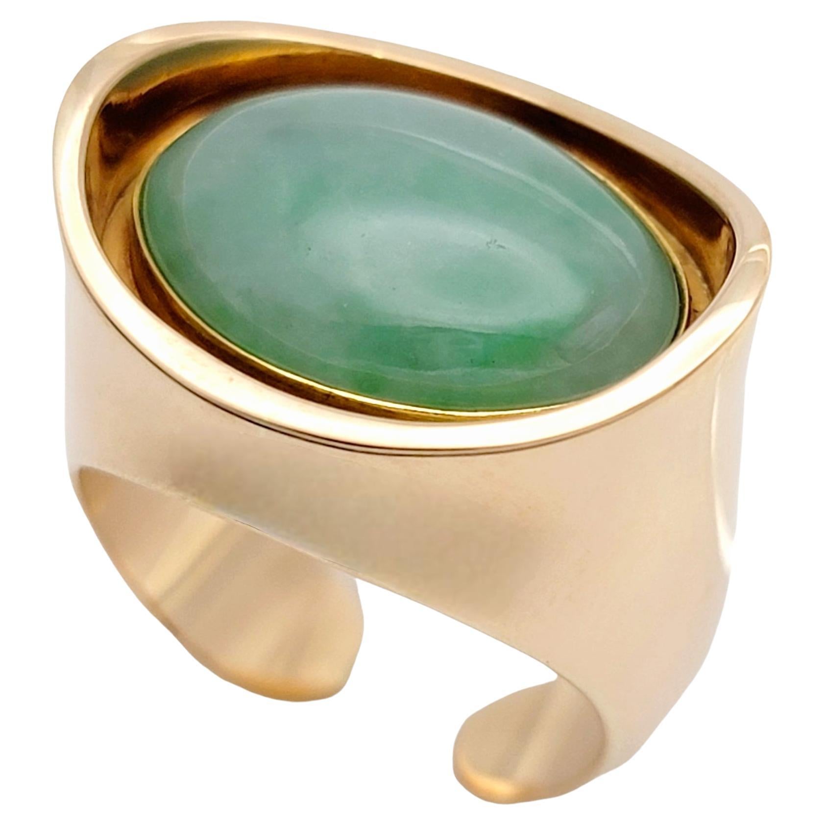 Vintage Bent Knudsen Oval Cabochon Jade Deep Bezel Yellow Gold Cocktail Ring For Sale