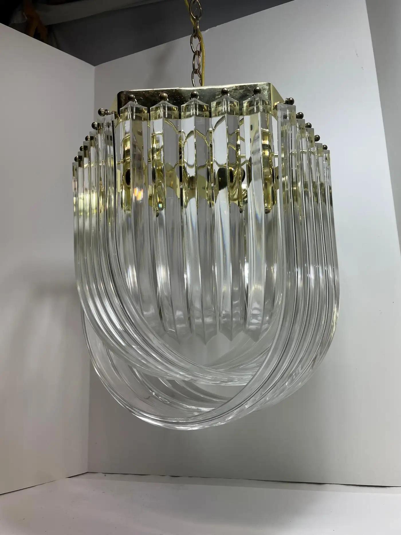 Brass Vintage Bent Lucite Ribbon Chandelier