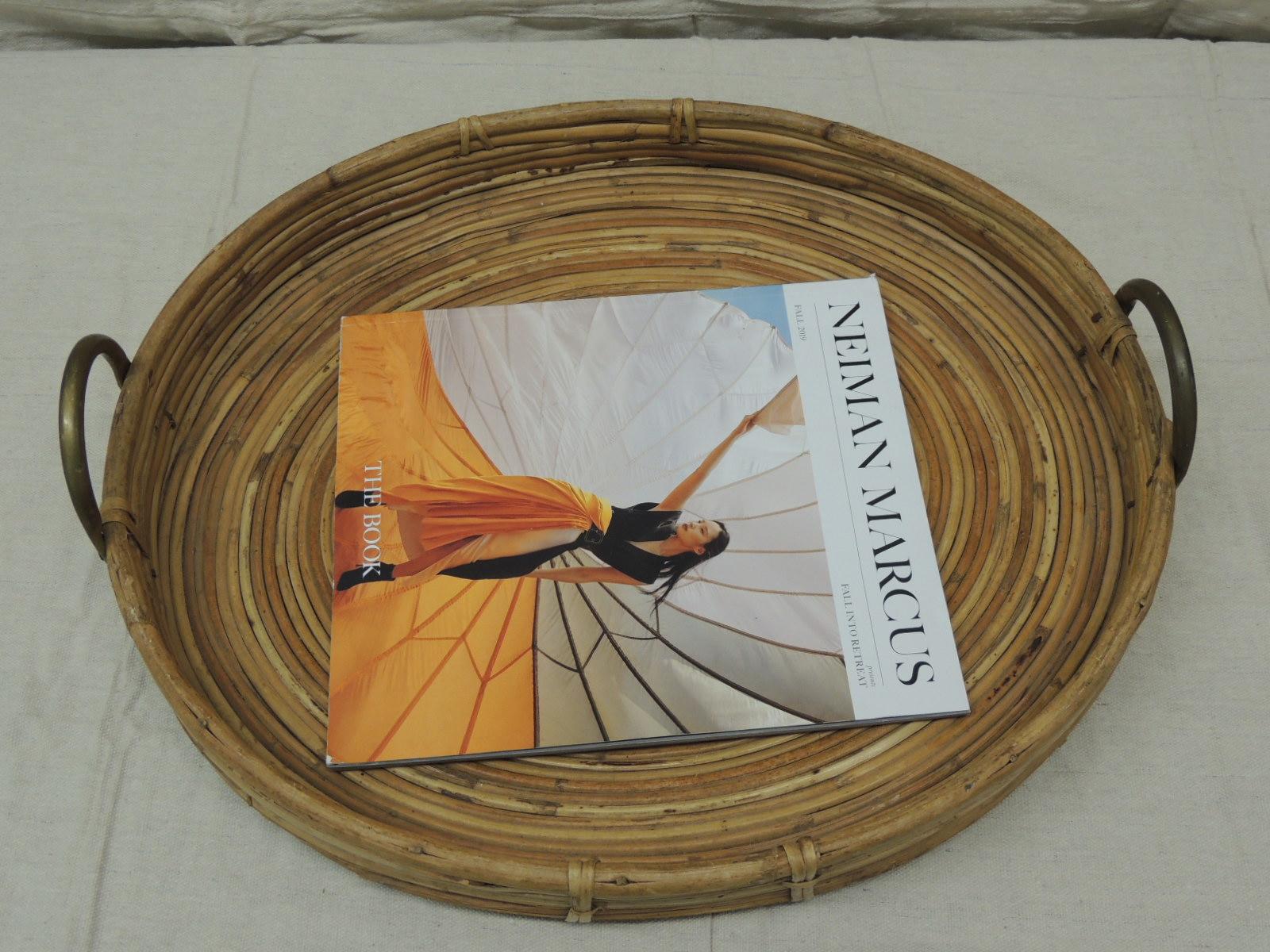 Bohemian Vintage Bent Oval Rattan Serving Tray with Antique Brass Finished Handles