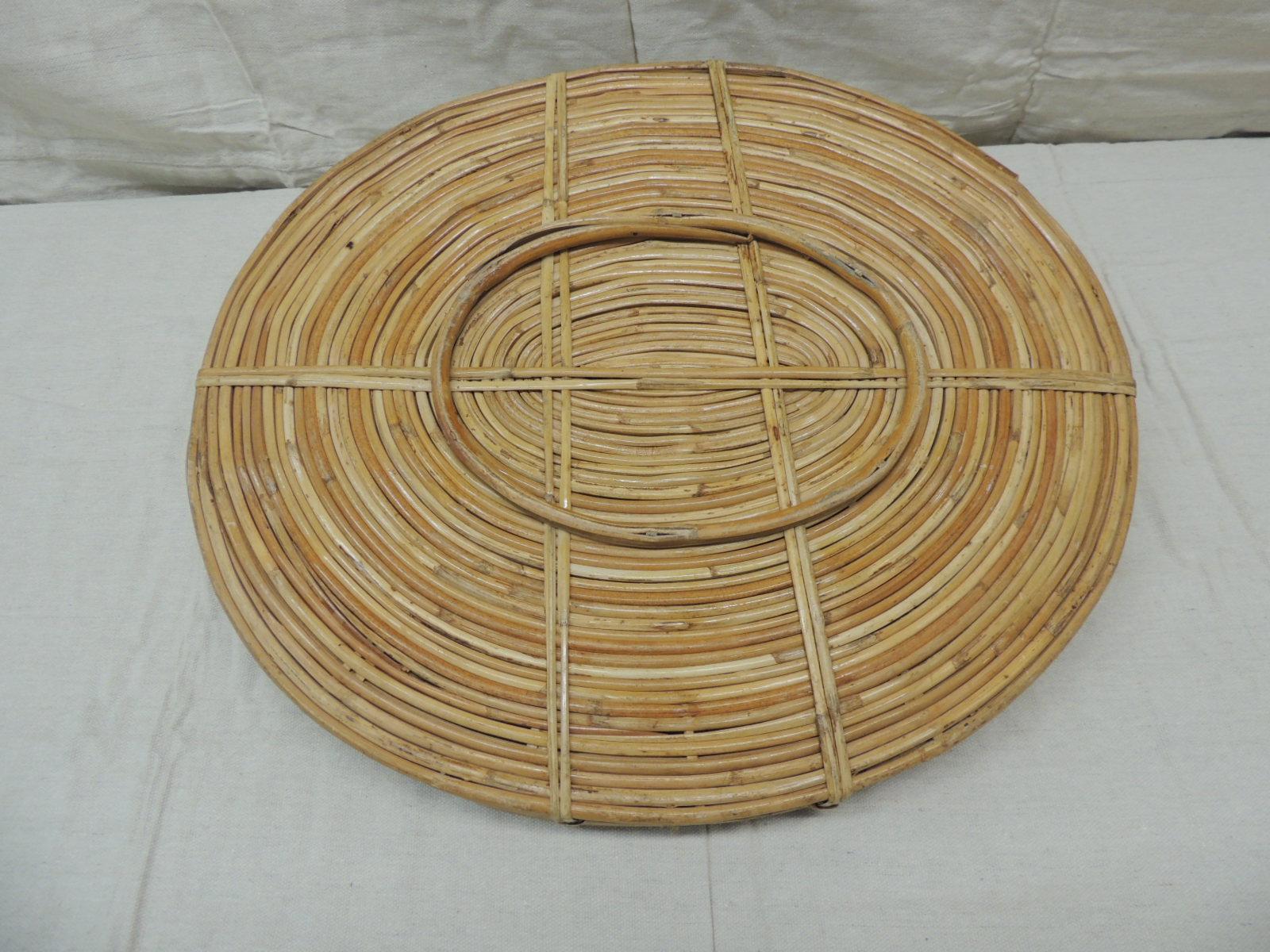 Indian Vintage Bent Oval Rattan Serving Tray with Antique Brass Finished Handles