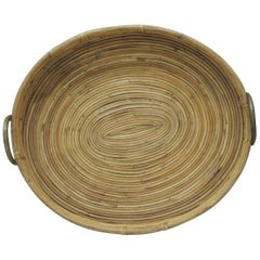 Vintage Bent Oval Rattan Serving Tray with Antique Brass Finished Handles