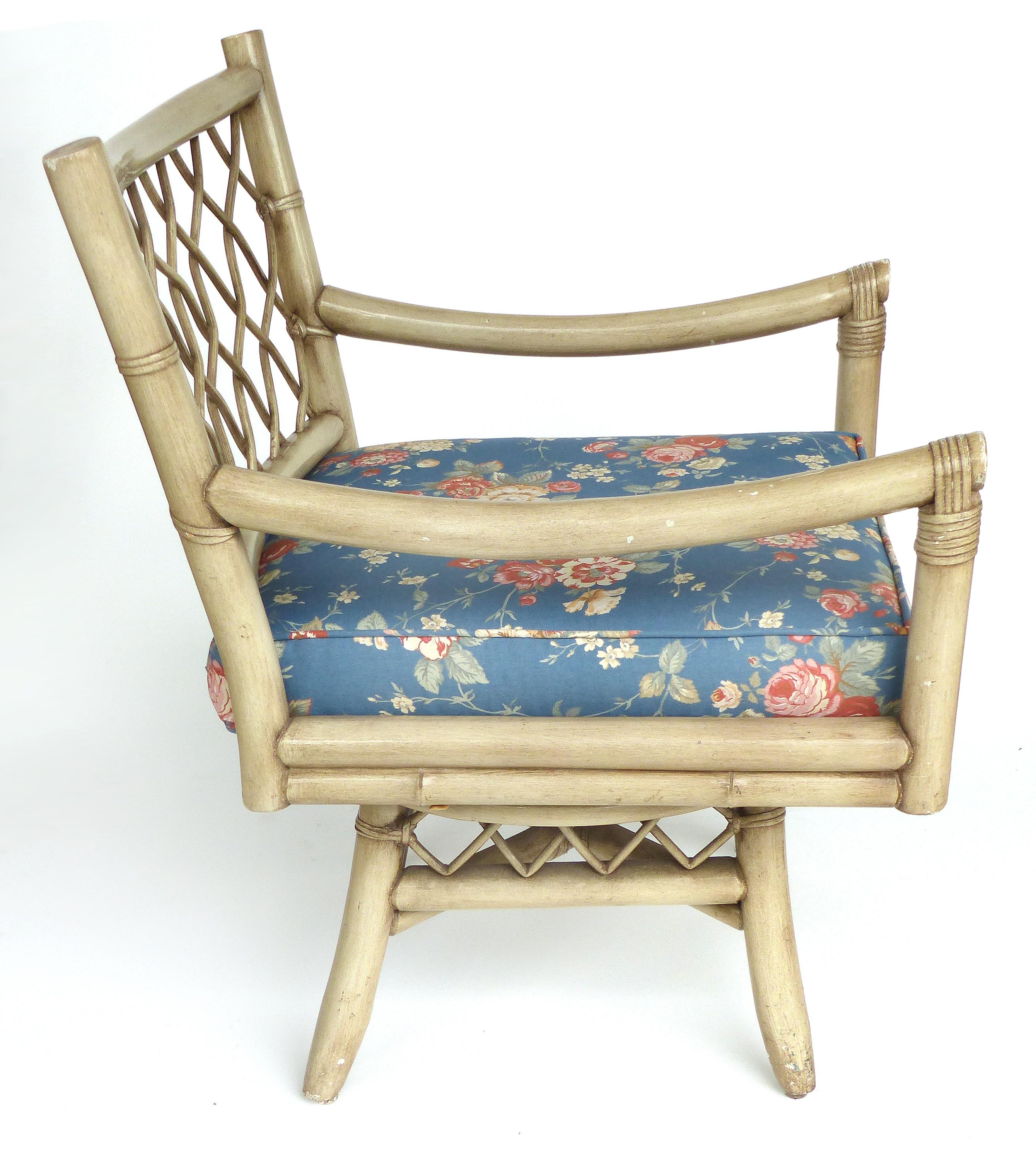 Fabric Vintage Bent Rattan Armchairs with Loose Cushions, Two Pair Available