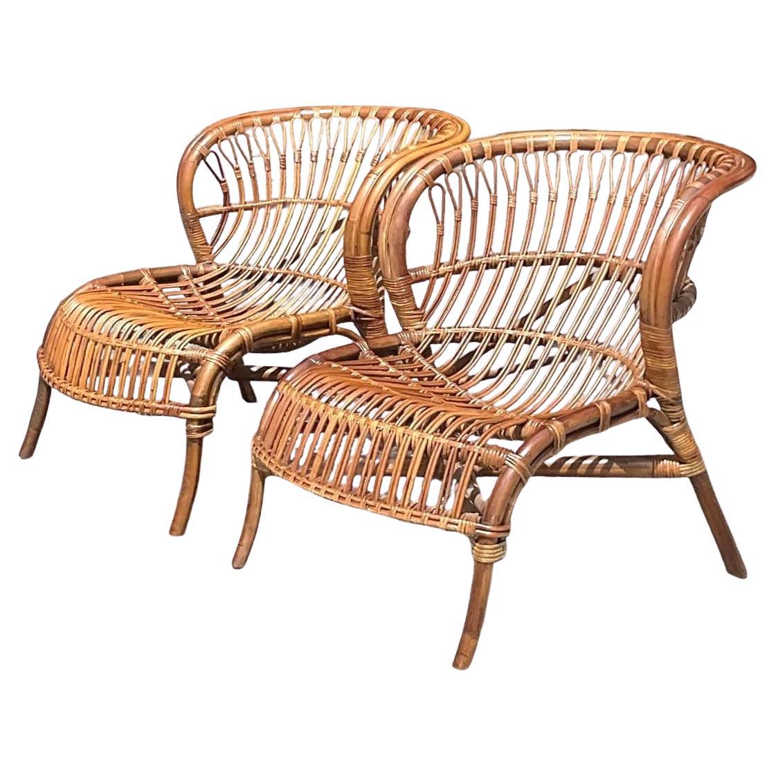 Vintage Bent Rattan Lounge Chairs - A Pair