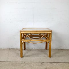Vintage Bent Rattan Side Table with Geometric Arch Apron and Inset Glass Top