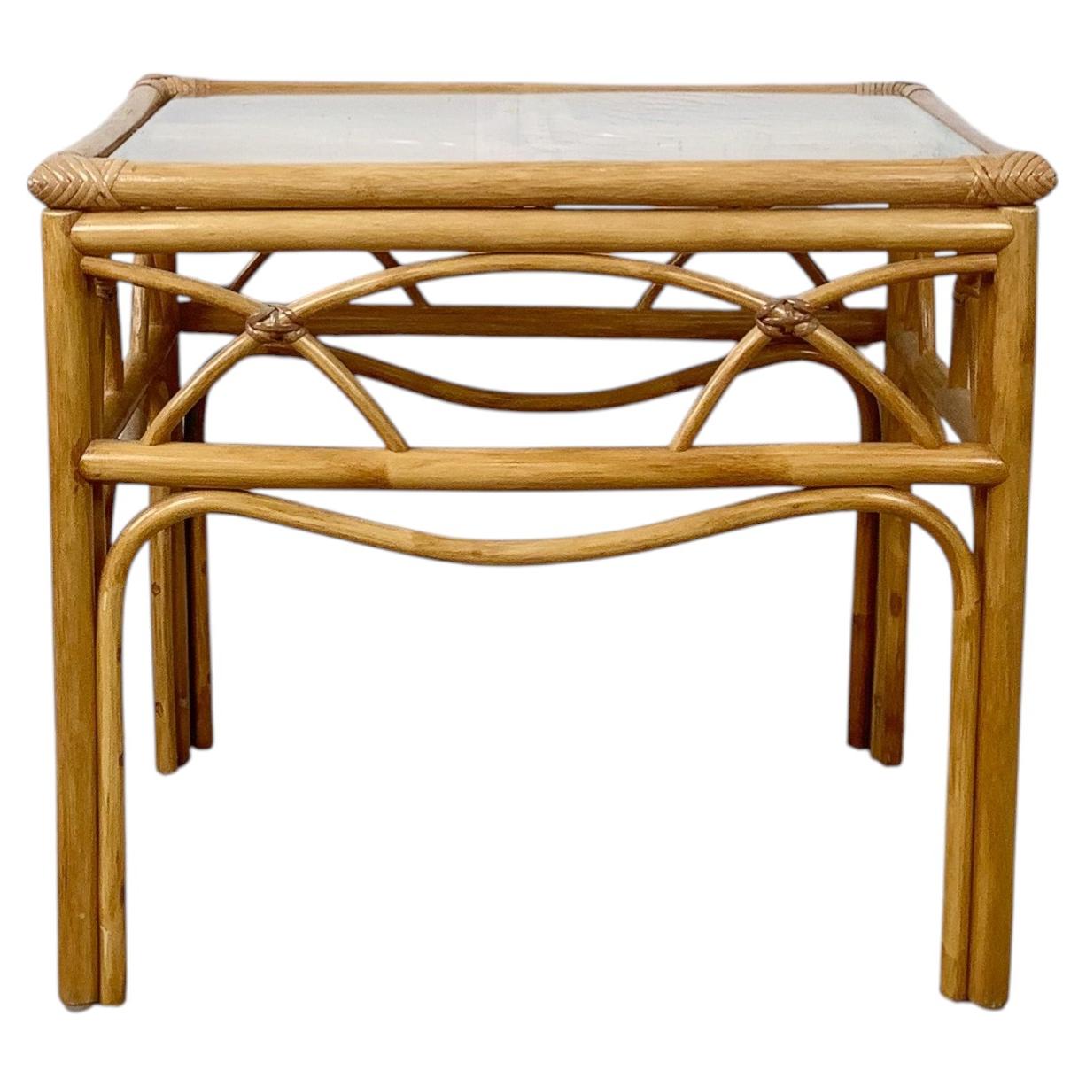 Vintage Bent Rattan Side Table with Geometric Arch Apron and Inset Glass Top