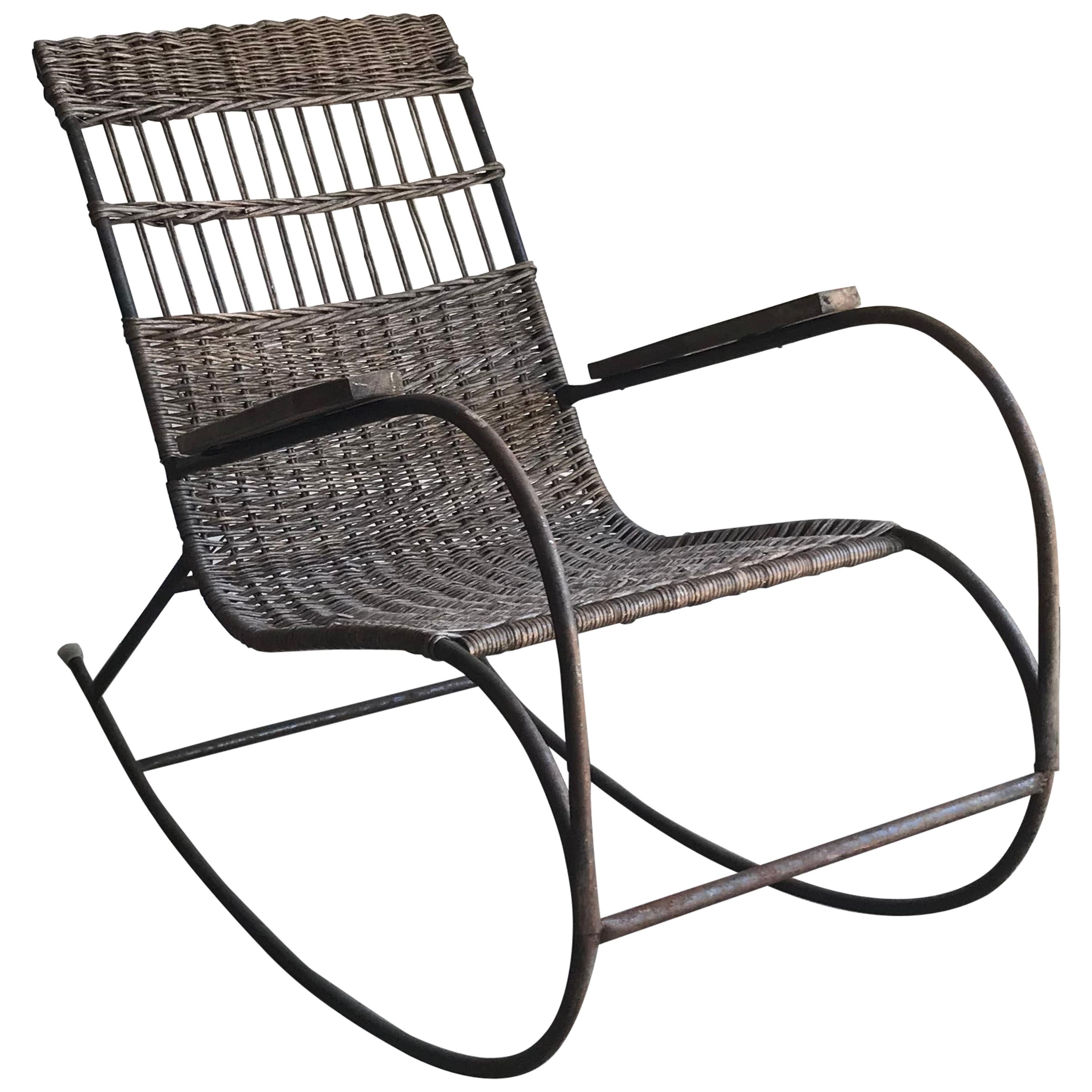 Vintage Bent Steel Cane Wicker Rocking For Sale