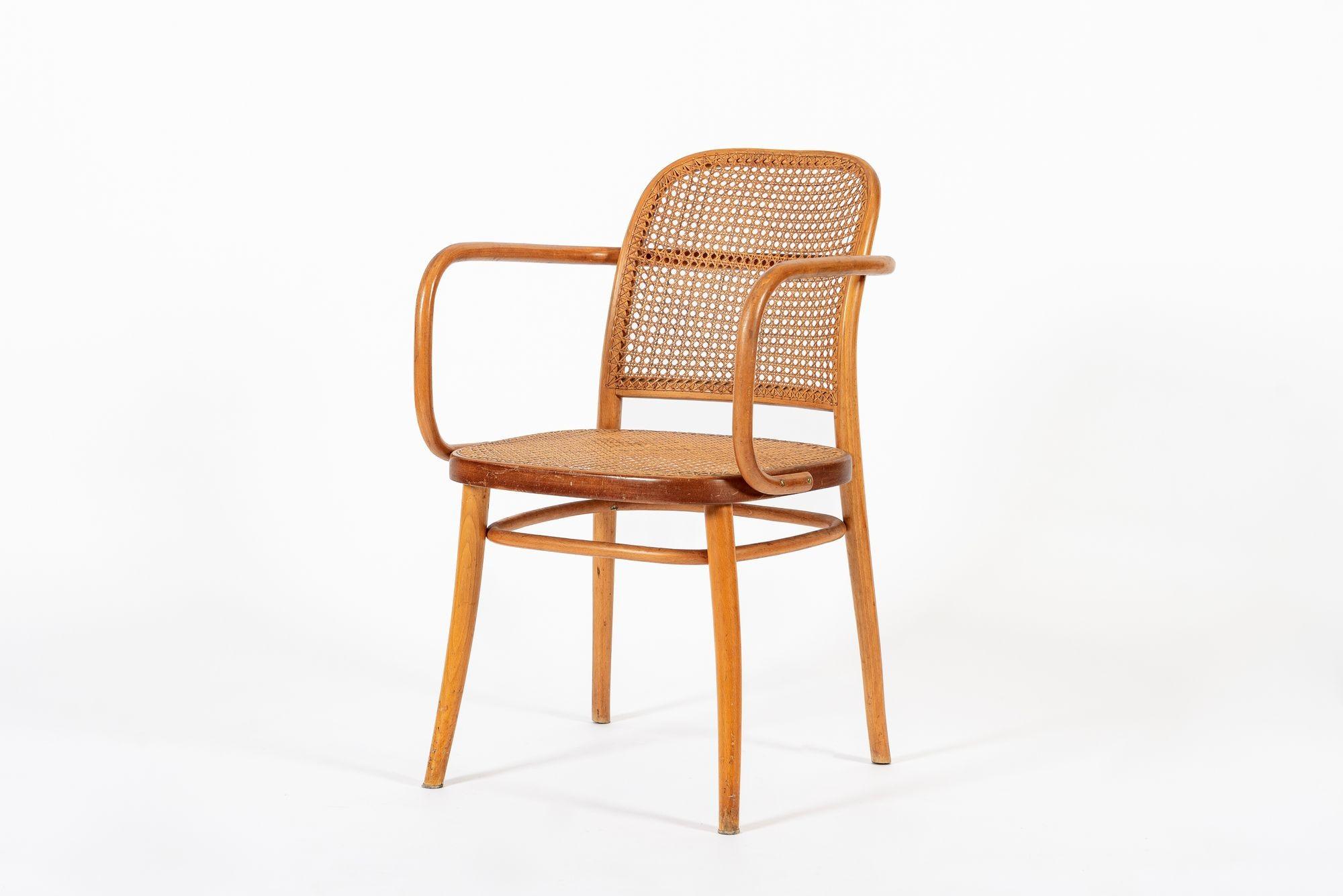 Arts and Crafts Vintage Bent Wood & Wicker Cafe Arm Chair by Josef Hoffman for Ligna For Sale