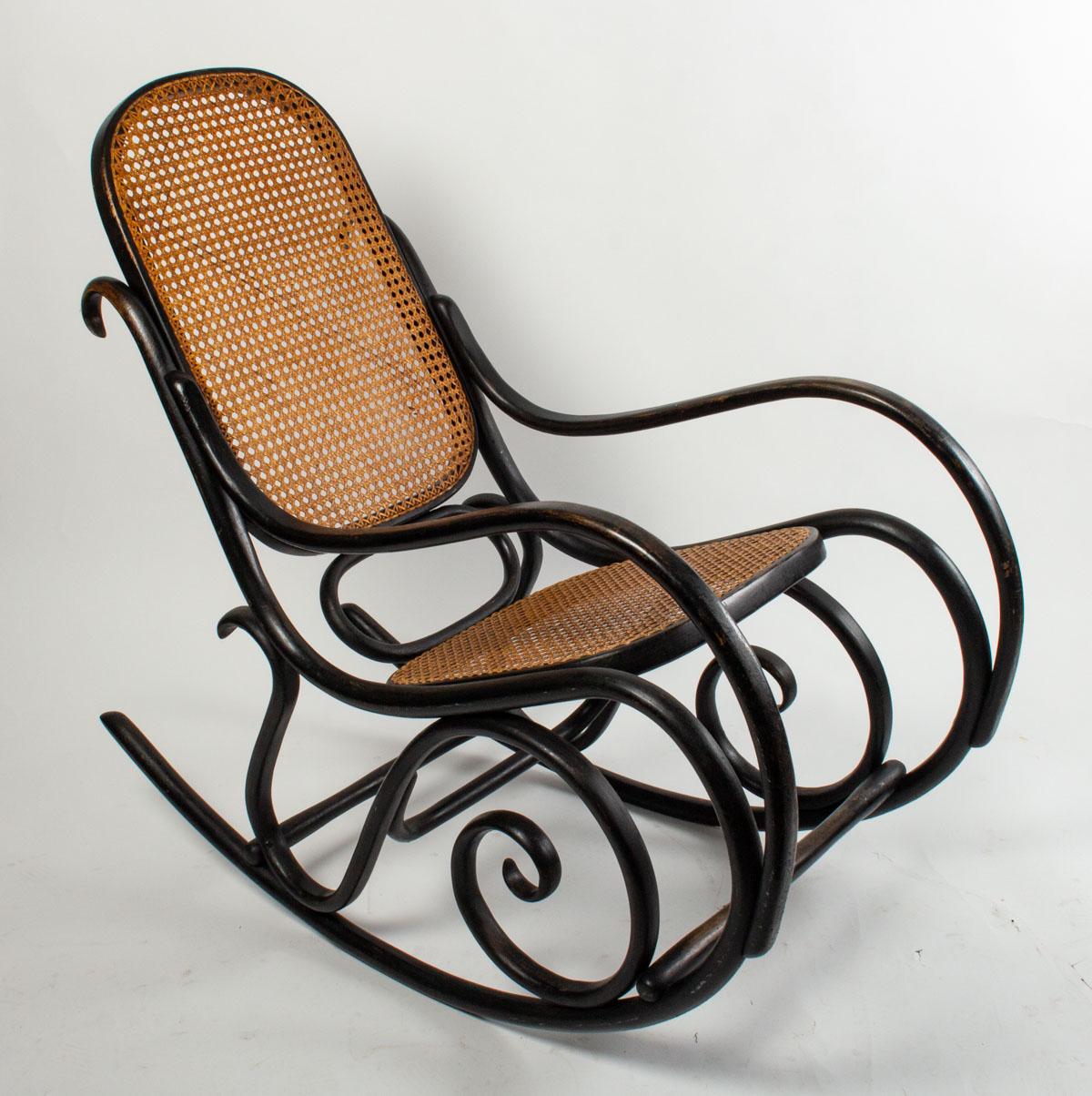 Wood Vintage Bentwood and Black Stained Rocking Chair