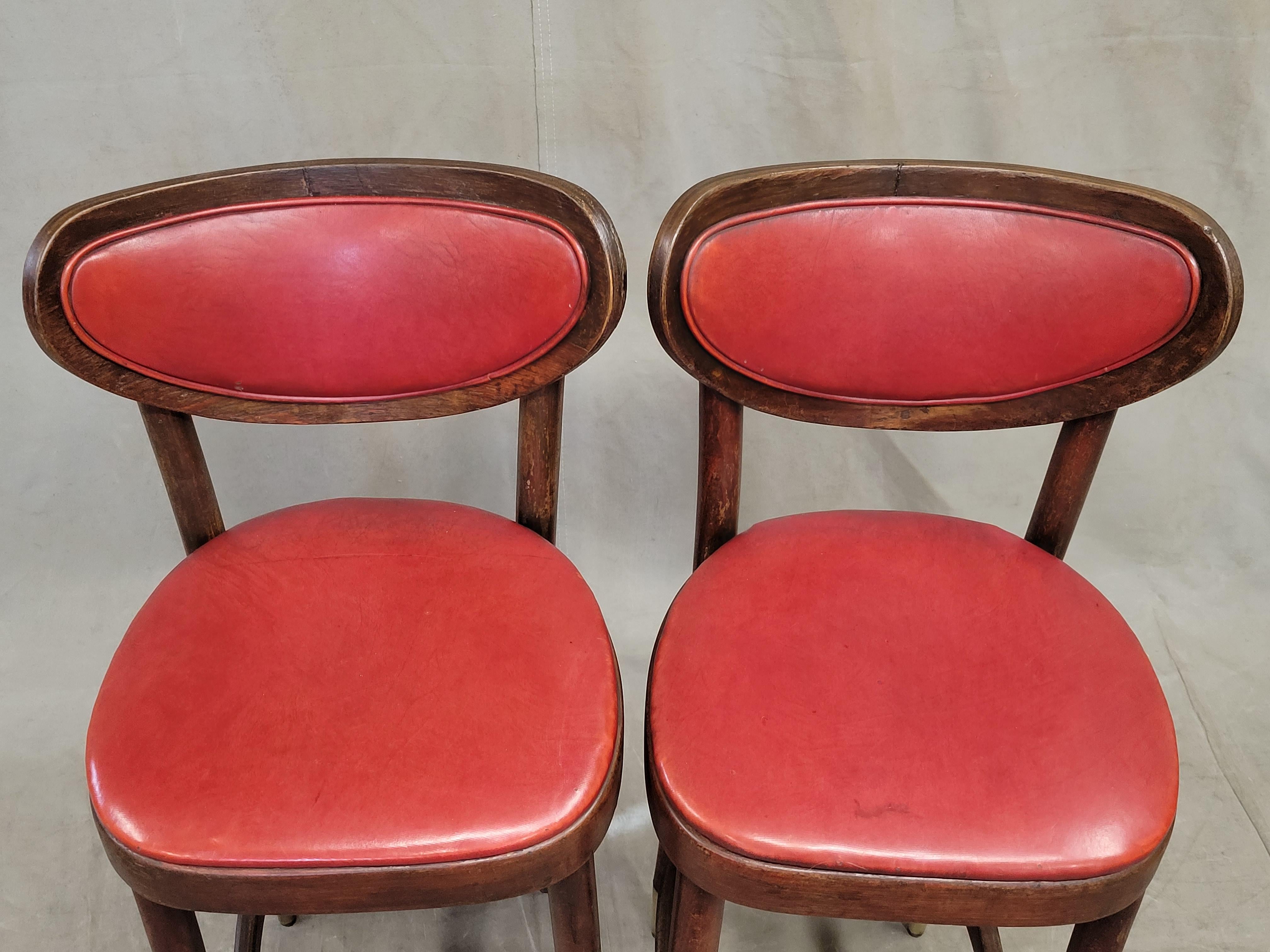 Vintage Bentwood Bar Stools with Original Ruby Red Vinyl and Brass Accents 3