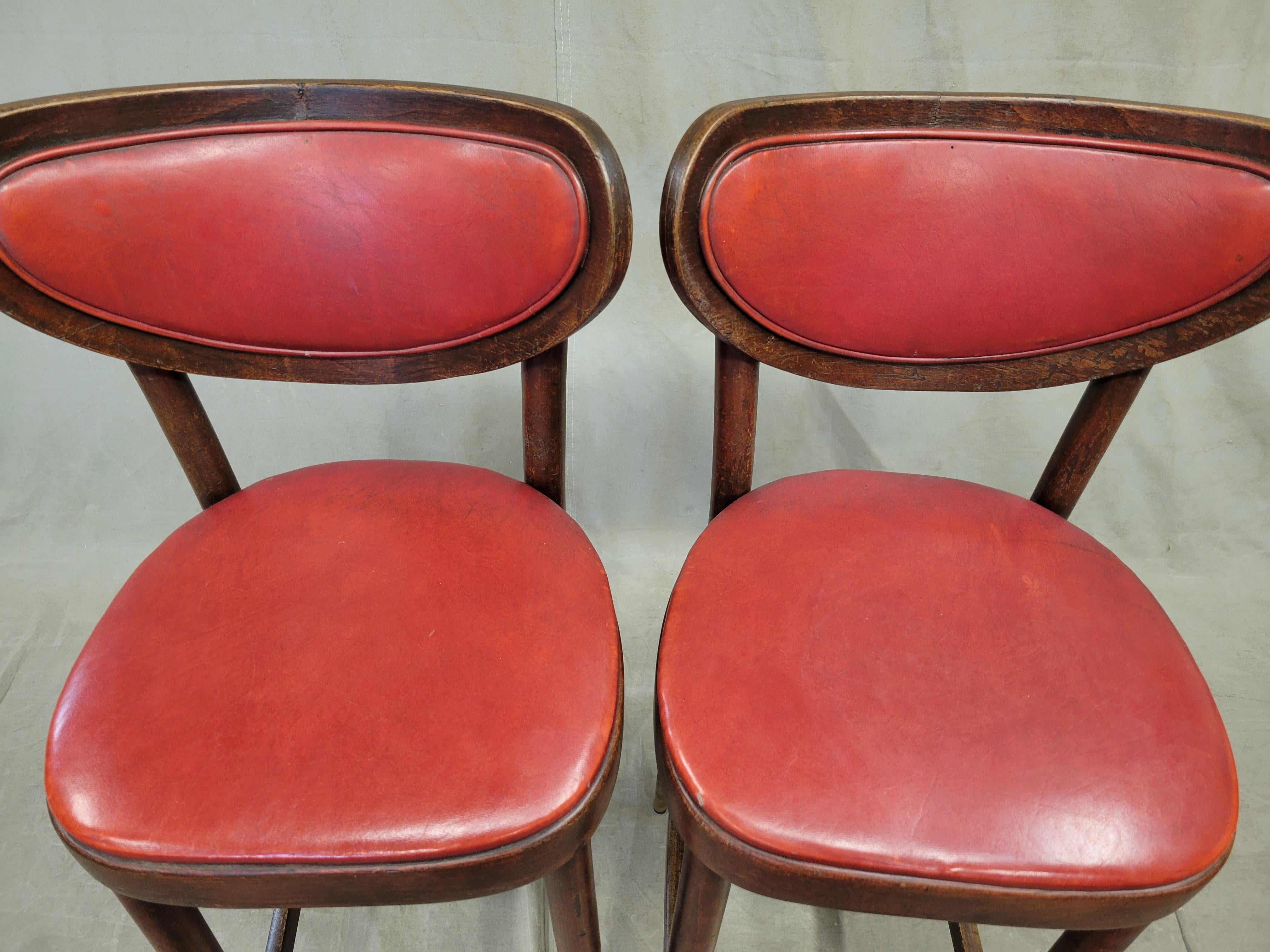 Vintage Bentwood Bar Stools with Original Ruby Red Vinyl and Brass Accents 4