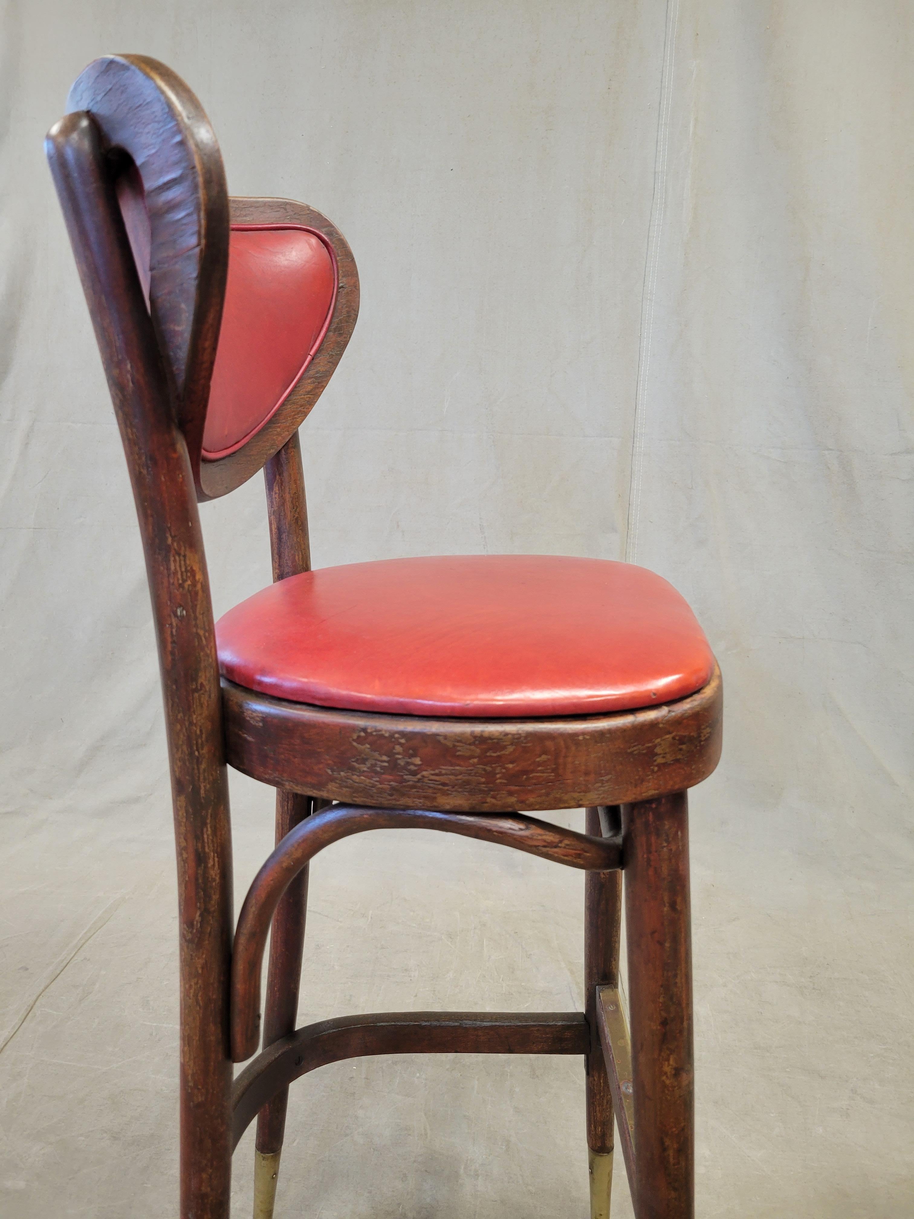 Vintage Bentwood Bar Stools with Original Ruby Red Vinyl and Brass Accents 7