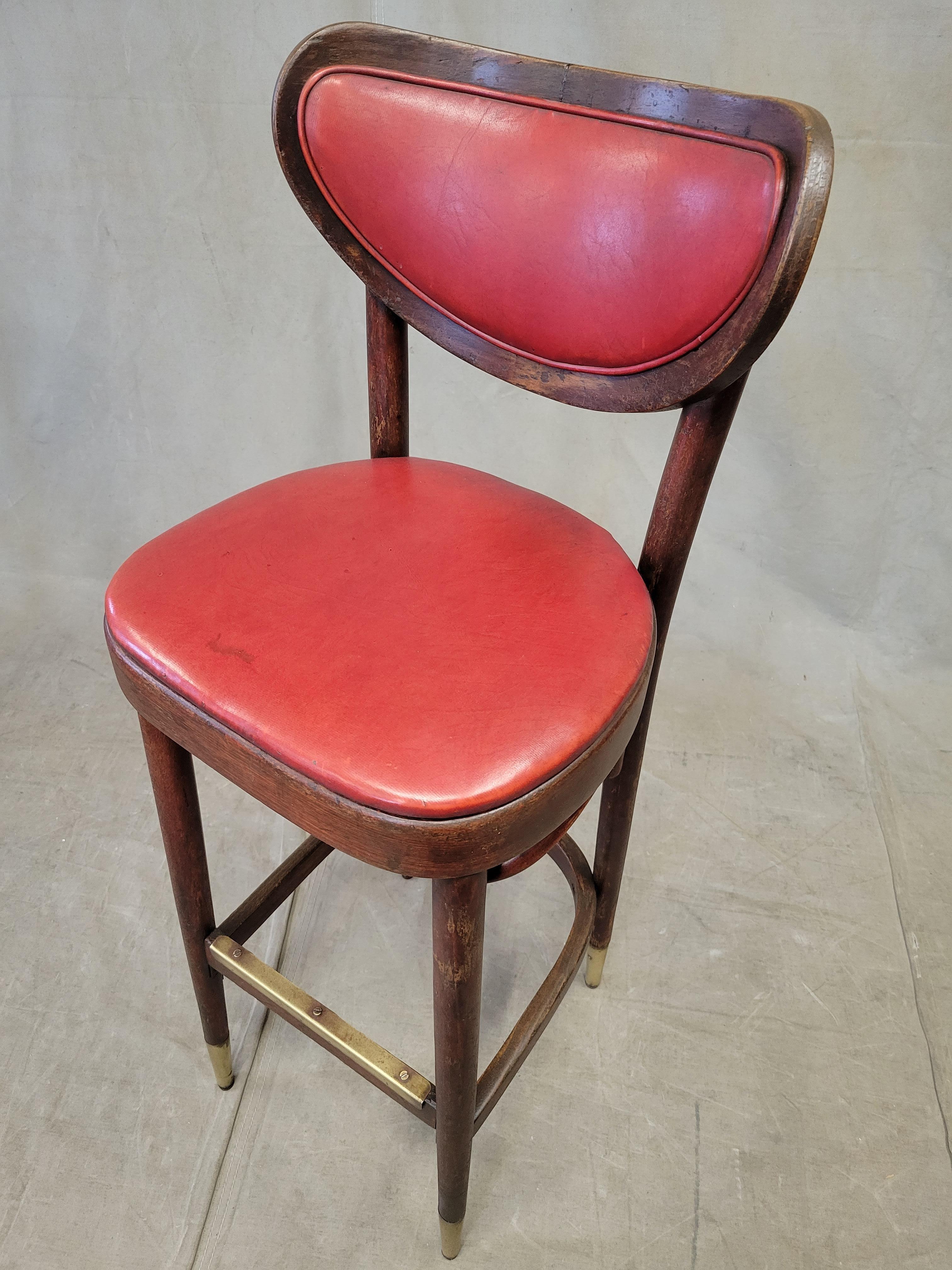 Vintage Bentwood Bar Stools with Original Ruby Red Vinyl and Brass Accents 8