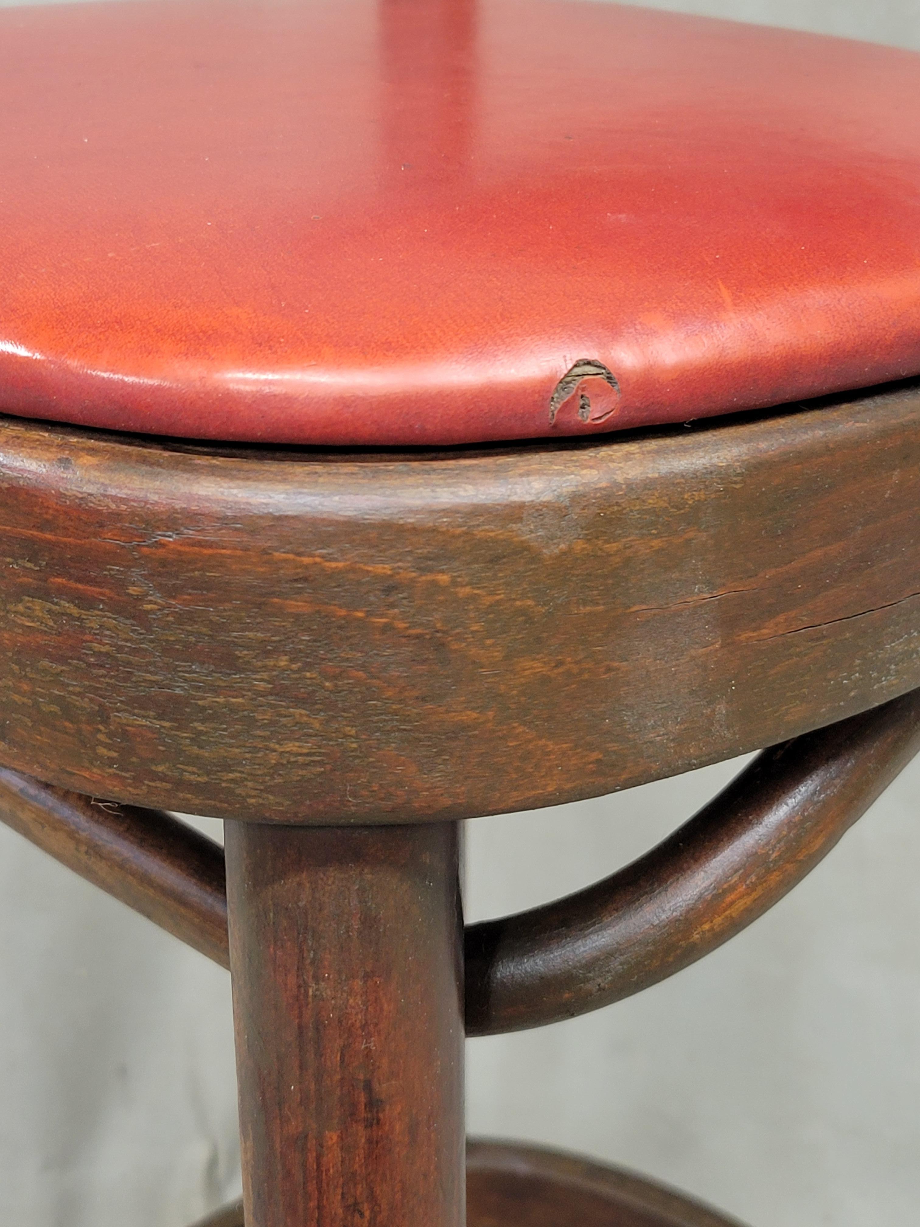 Vintage Bentwood Bar Stools with Original Ruby Red Vinyl and Brass Accents 10