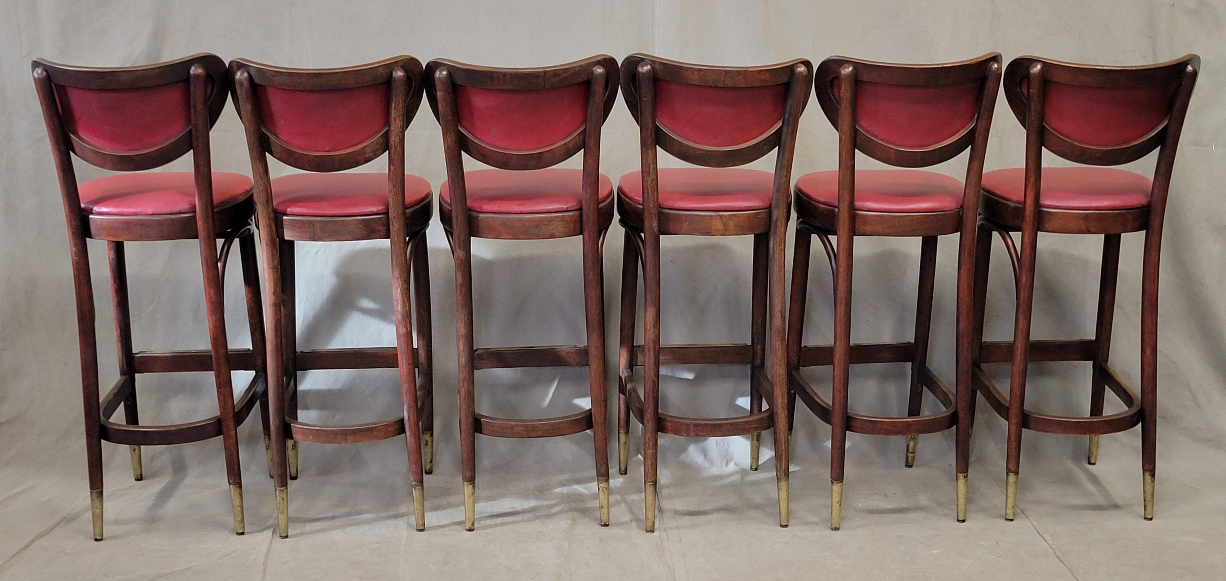 Art Deco Vintage Bentwood Bar Stools with Original Ruby Red Vinyl and Brass Accents