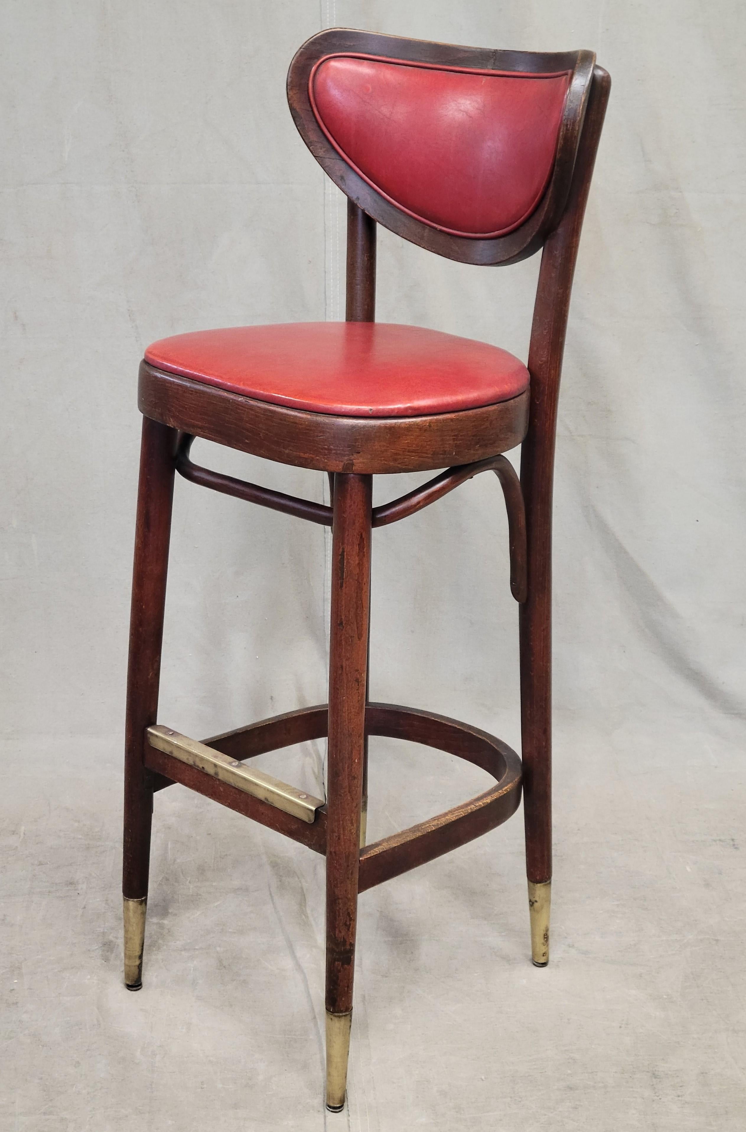 Unknown Vintage Bentwood Bar Stools with Original Ruby Red Vinyl and Brass Accents