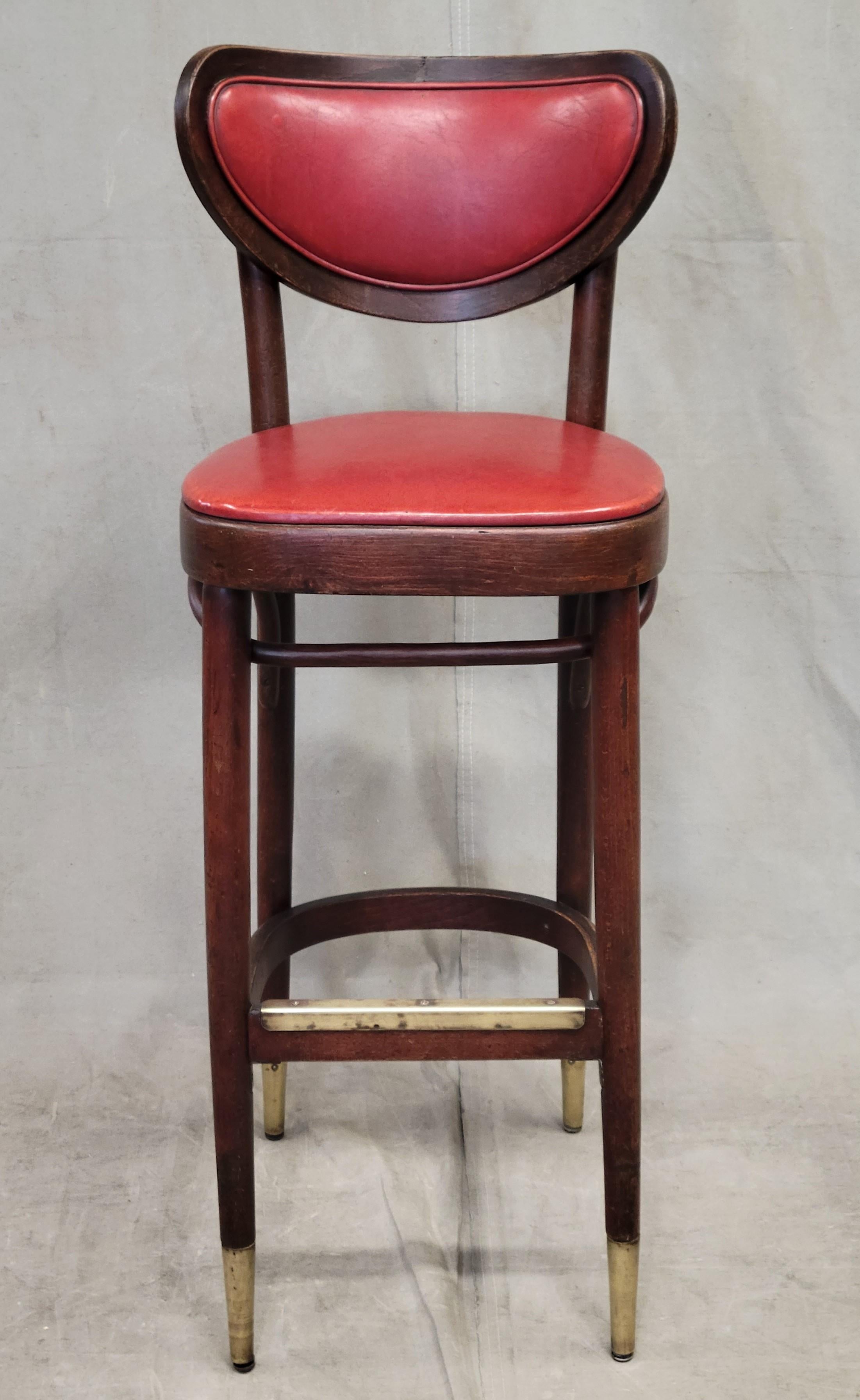 Vintage Bentwood Bar Stools with Original Ruby Red Vinyl and Brass Accents In Fair Condition In Centennial, CO