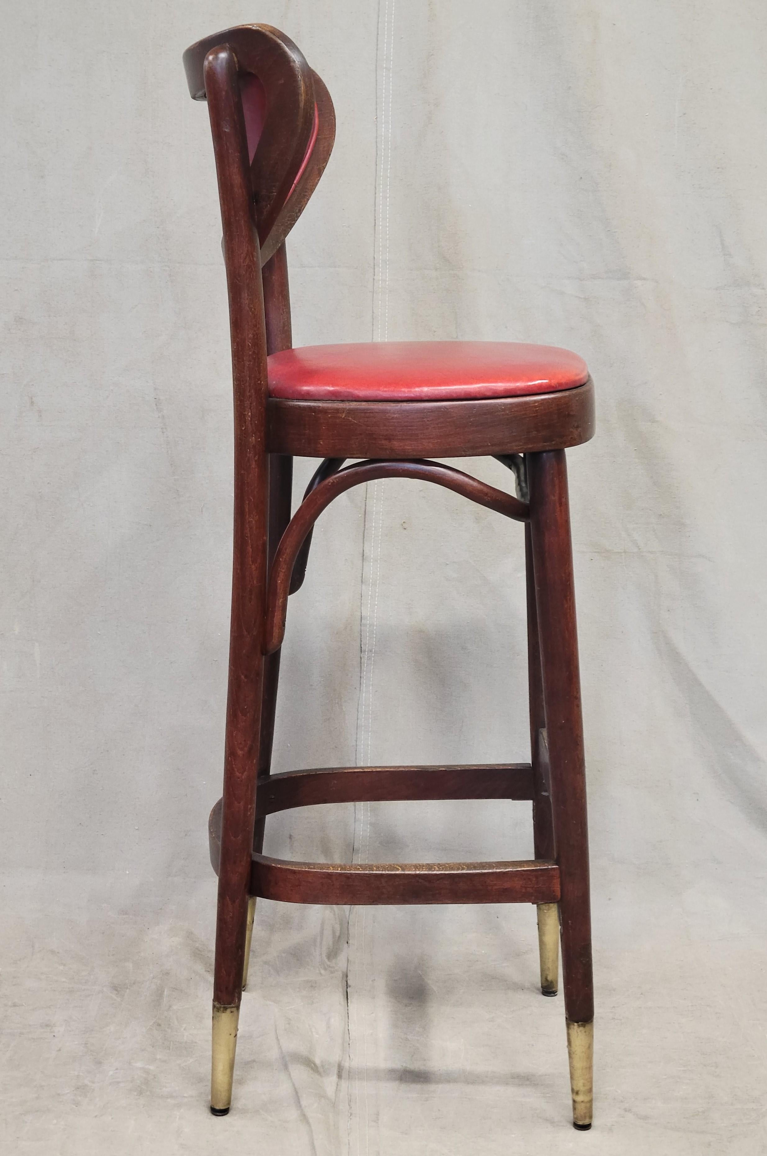 Mid-20th Century Vintage Bentwood Bar Stools with Original Ruby Red Vinyl and Brass Accents