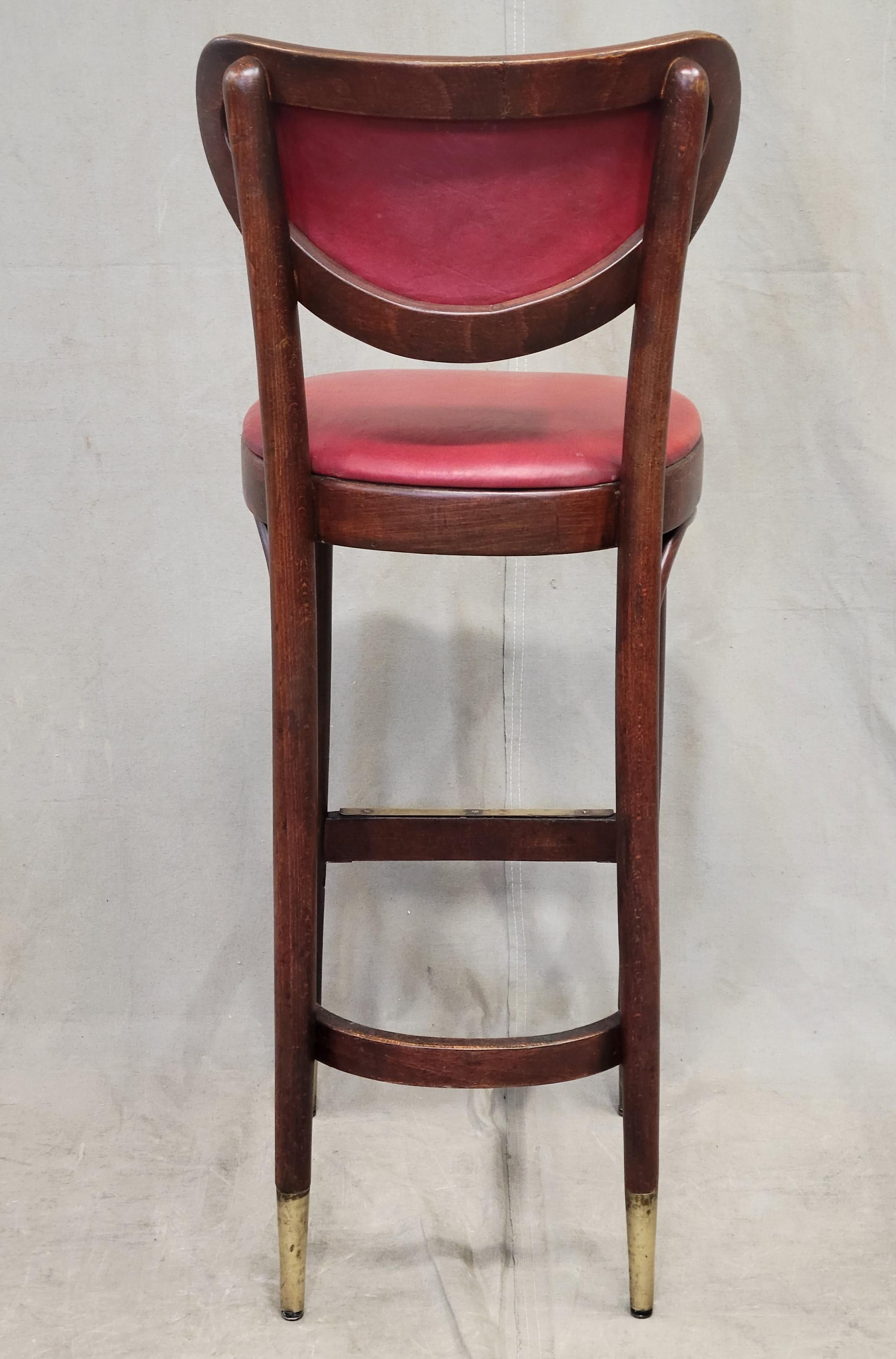 Upholstery Vintage Bentwood Bar Stools with Original Ruby Red Vinyl and Brass Accents