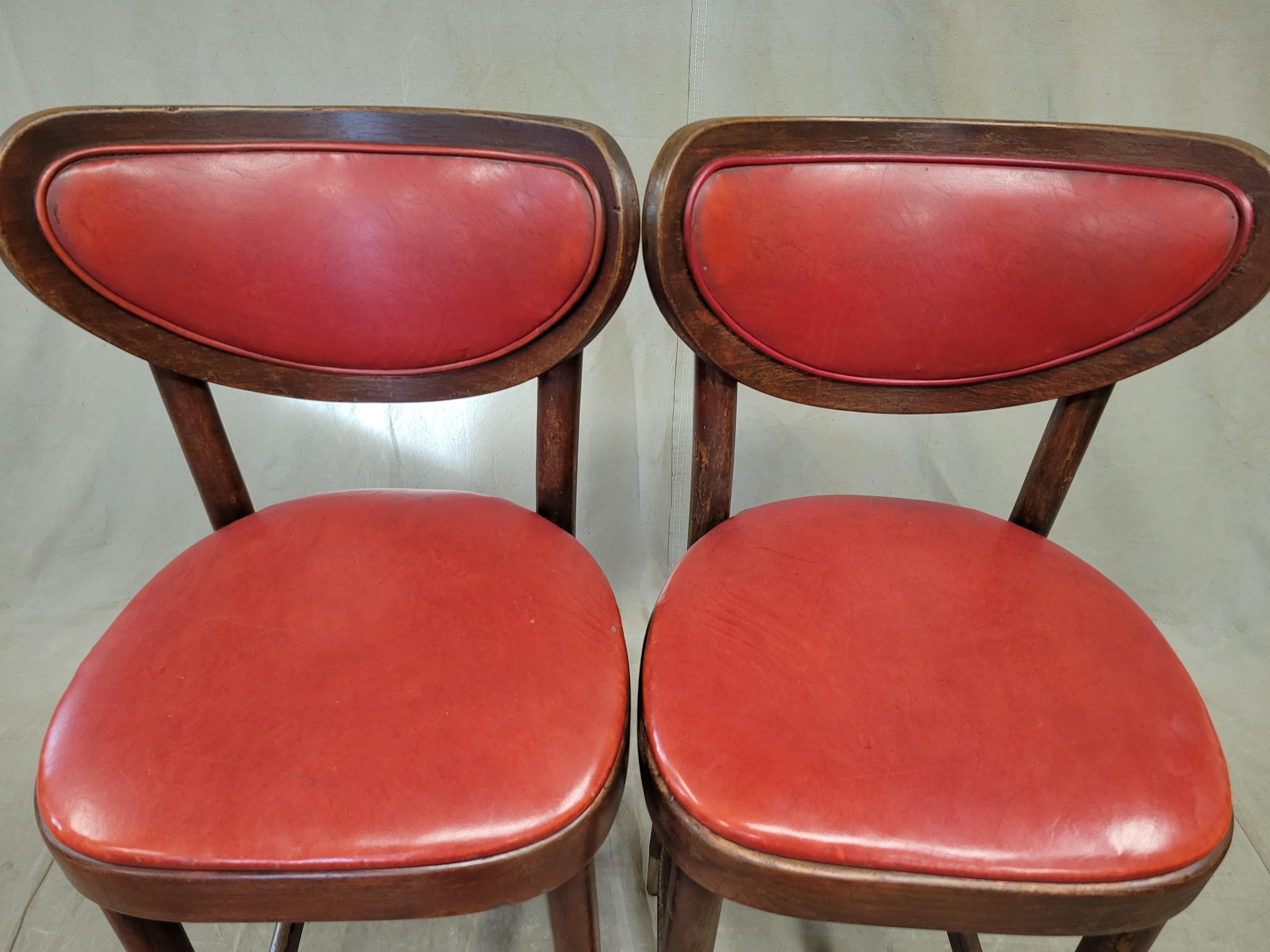 Vintage Bentwood Bar Stools with Original Ruby Red Vinyl and Brass Accents 2