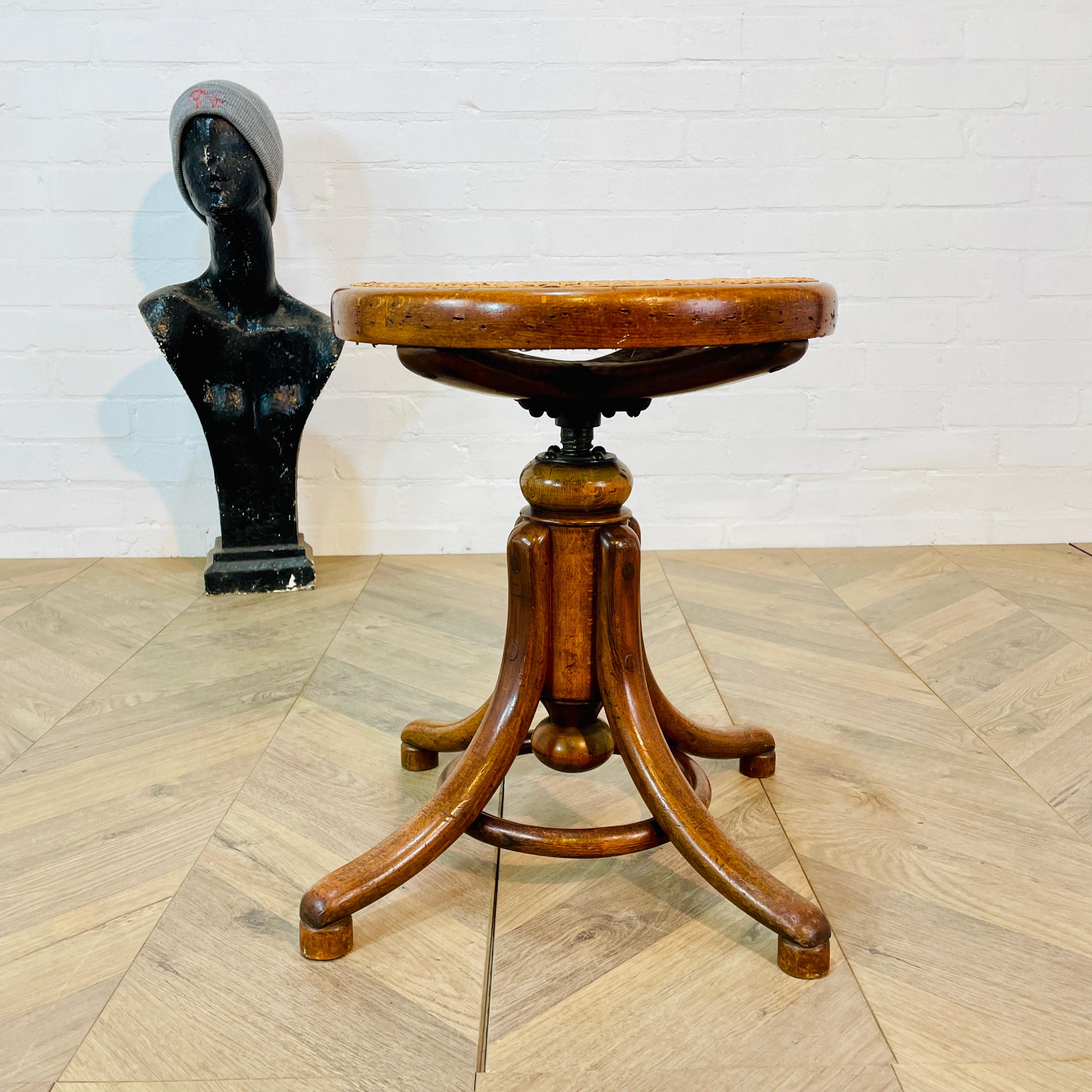 Vintage Bentwood + Cane Swivel Stool by Thonet, 1920s For Sale 4