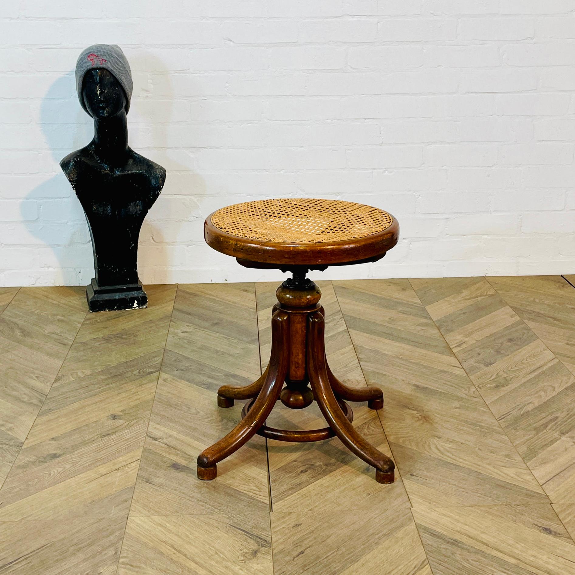 Vintage Bentwood + Cane Swivel Stool by Thonet, 1920s For Sale 5