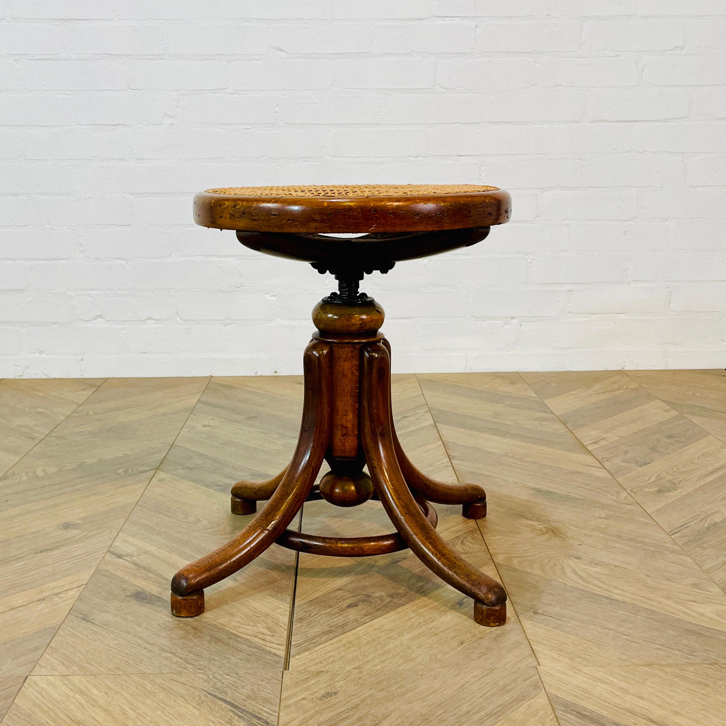 Art Nouveau Vintage Bentwood + Cane Swivel Stool by Thonet, 1920s For Sale