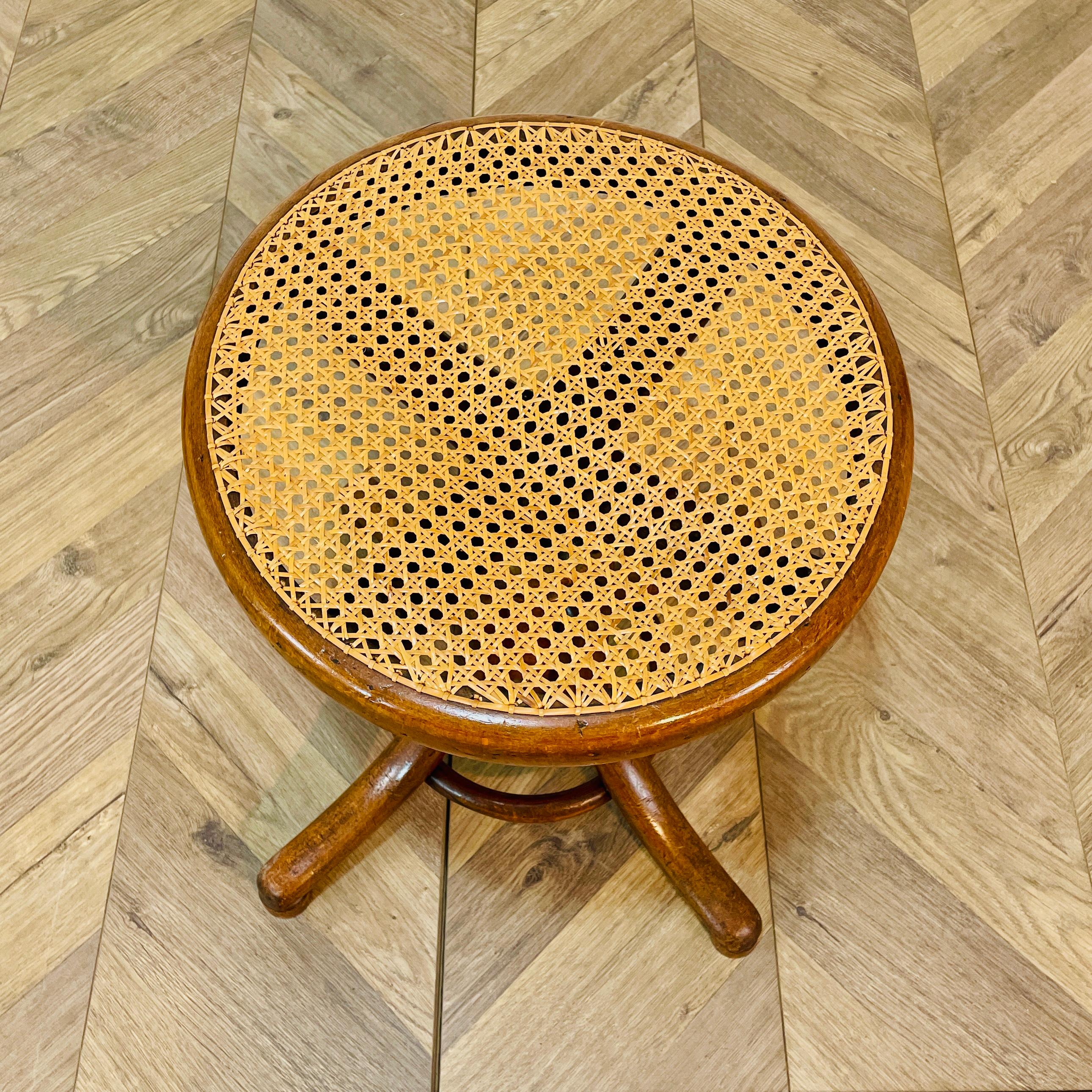Austrian Vintage Bentwood + Cane Swivel Stool by Thonet, 1920s For Sale