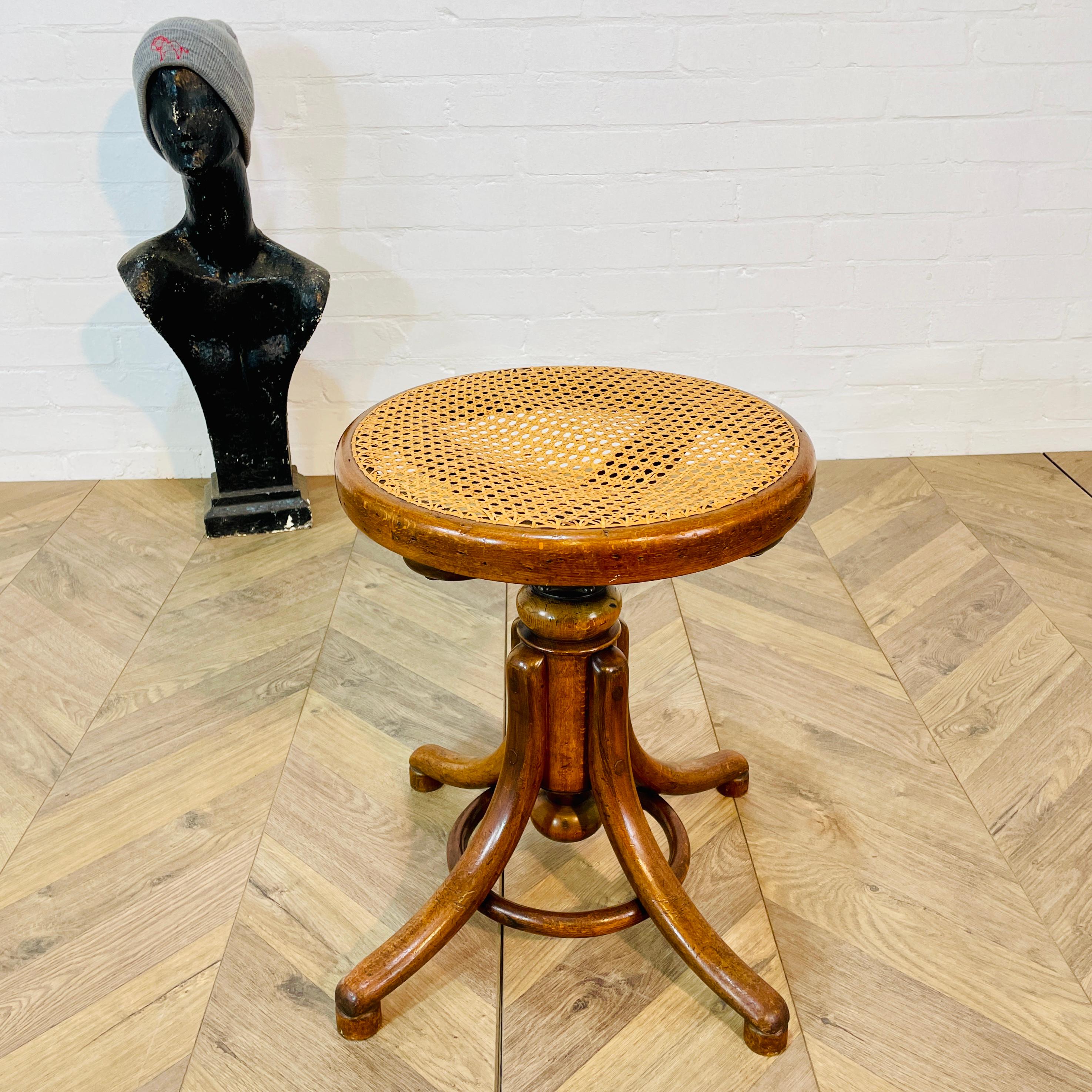 Early 20th Century Vintage Bentwood + Cane Swivel Stool by Thonet, 1920s For Sale