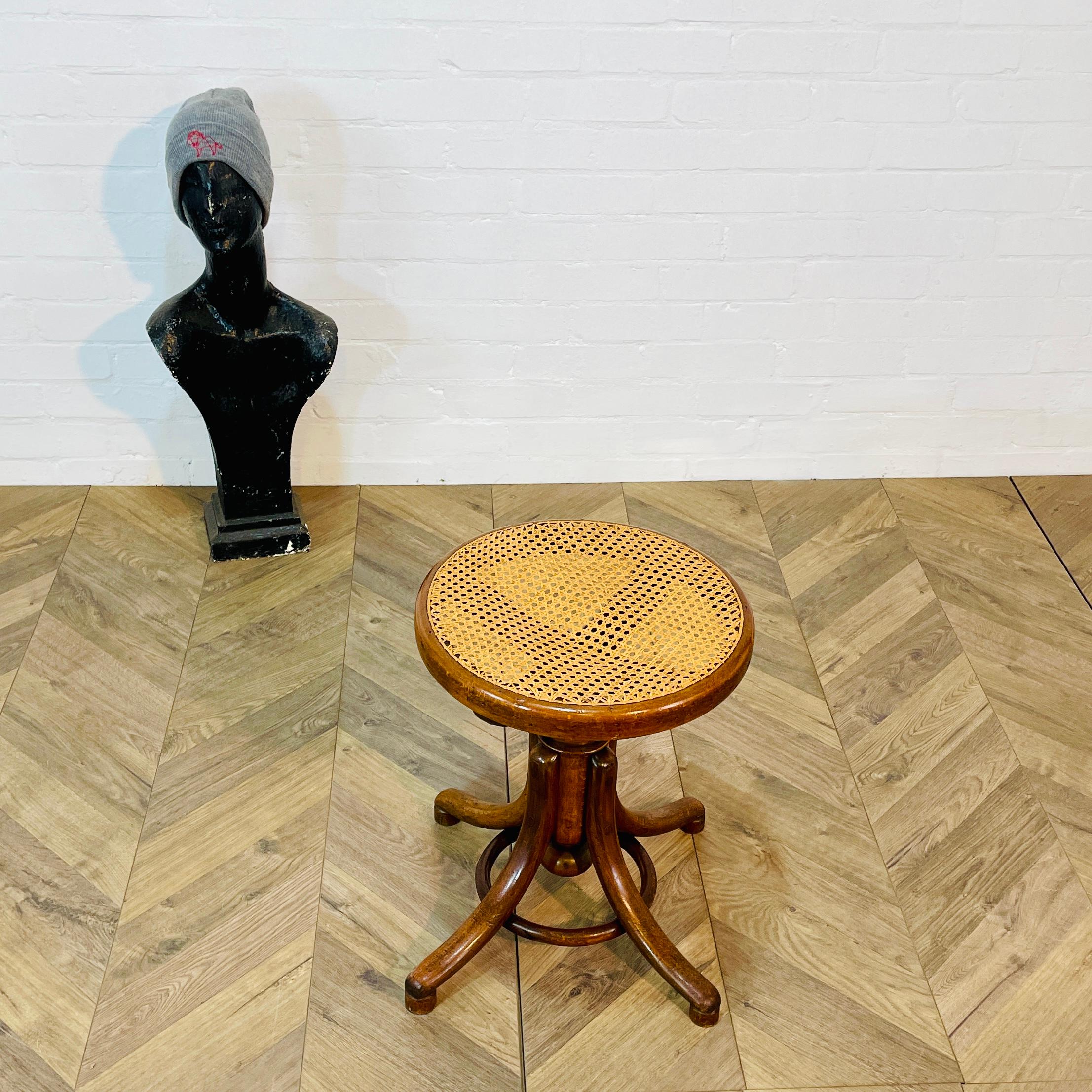 Vintage Bentwood + Cane Swivel Stool by Thonet, 1920s For Sale 3
