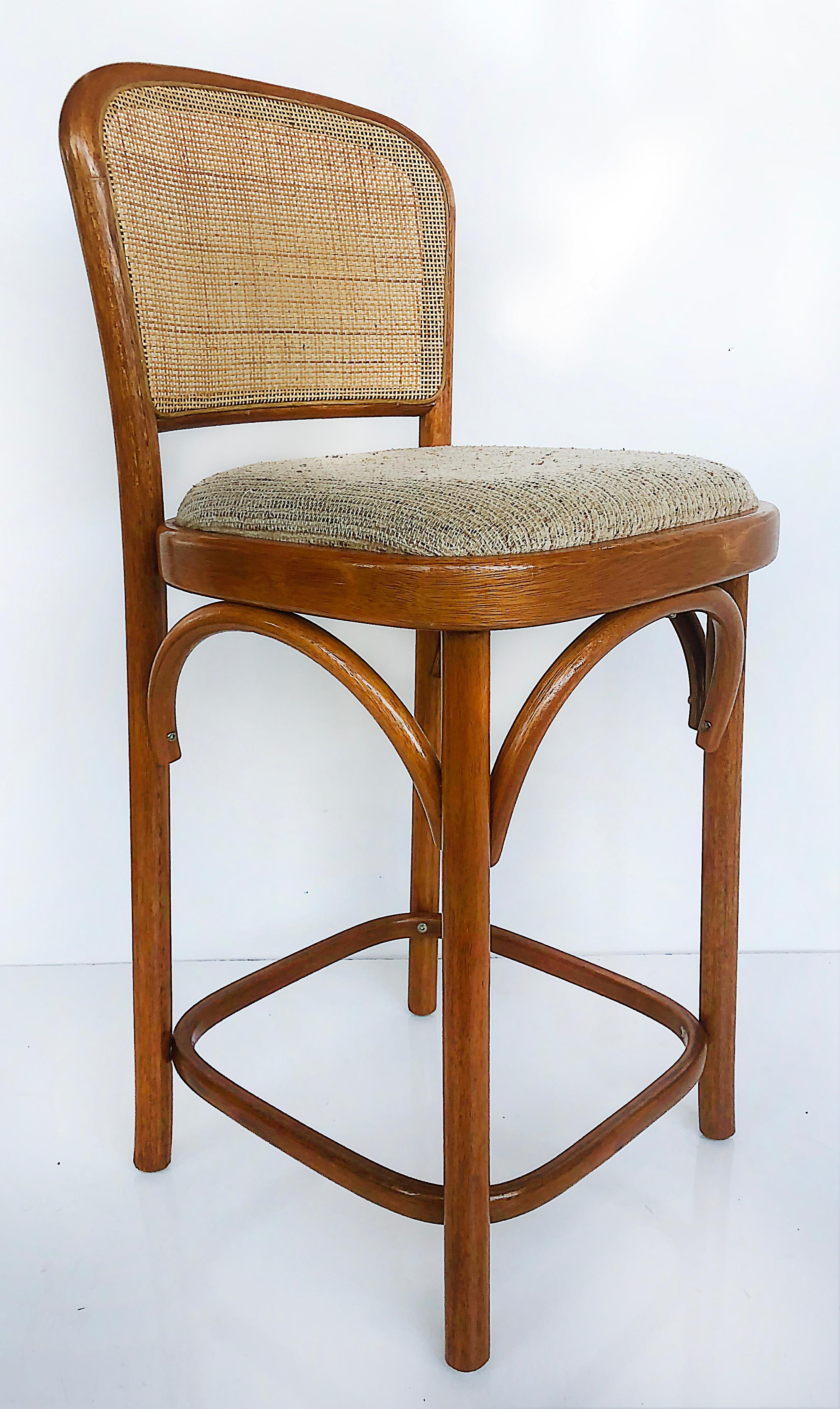 Vintage Bentwood Counter Stools, Caned with Upholstered Seats Set of 4