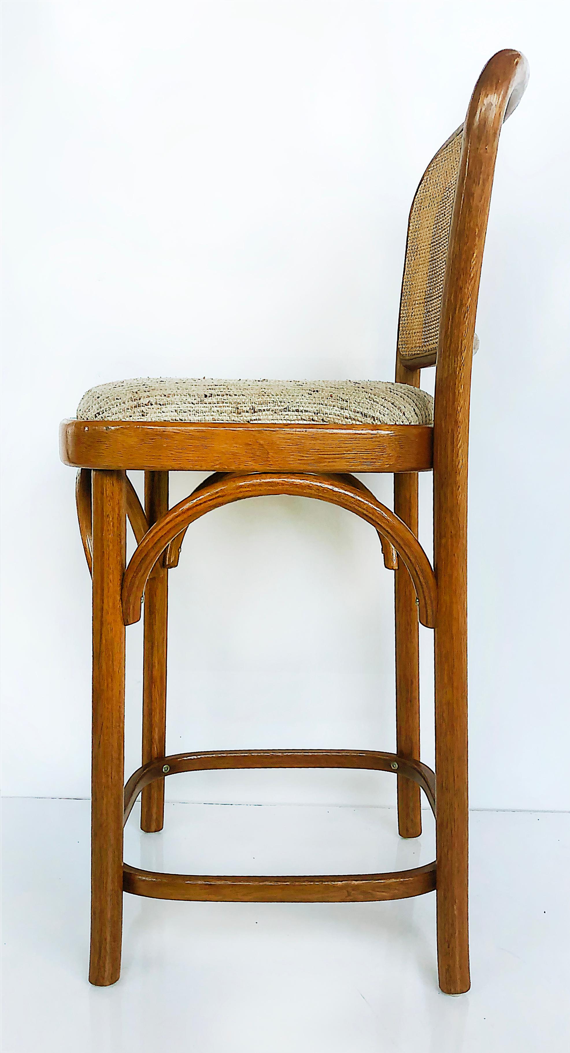 Vintage Bentwood Counter Stools, Caned with Upholstered Seats Set of 4
