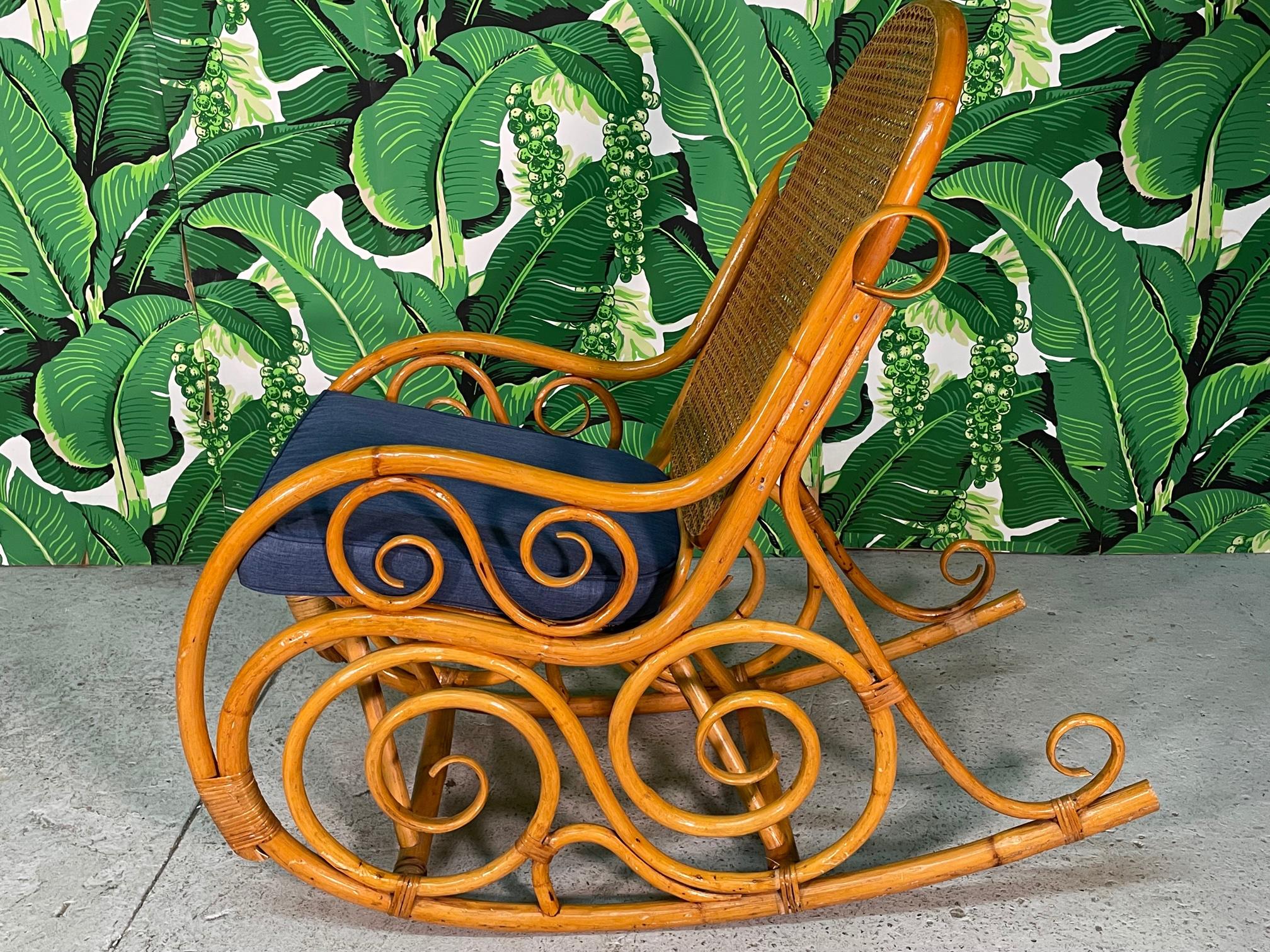 Organic Modern Vintage Bentwood Rattan and Cane Rocking Chair in the Manner of Thonet