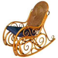 Vintage Bentwood Rattan and Cane Rocking Chair in the Manner of Thonet