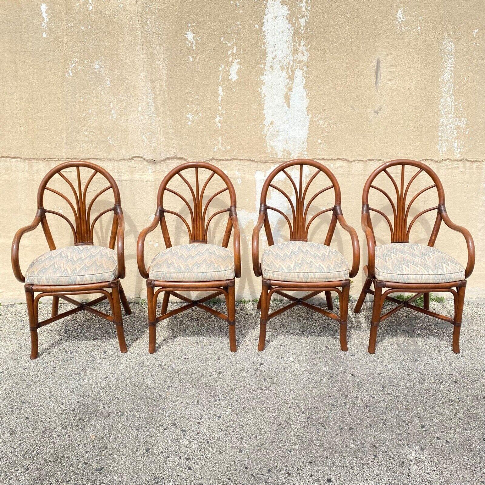 Vintage Bentwood Rattan Hollywood Regency Fan Back Dining Chairs - Set of 4 In Good Condition For Sale In Philadelphia, PA