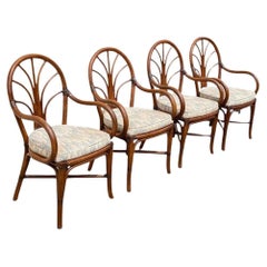 Retro Bentwood Rattan Hollywood Regency Fan Back Dining Chairs - Set of 4