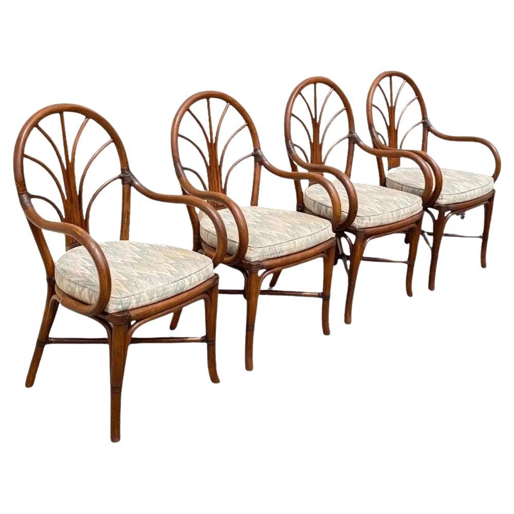 Vintage Bentwood Rattan Hollywood Regency Fan Back Dining Chairs - Set of 4