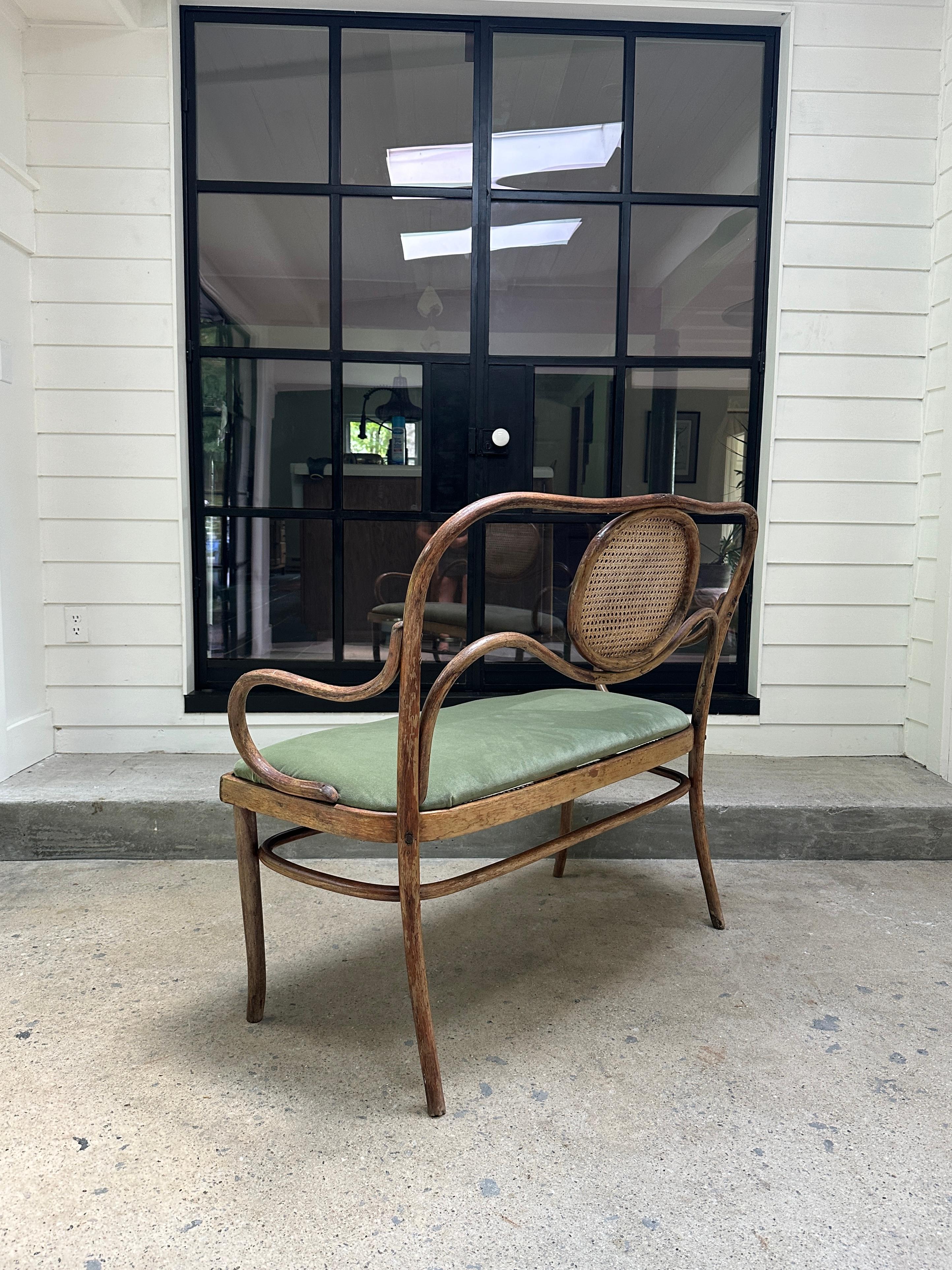 Velvet Vintage bentwood settee bench in the style of Thonet. Circa 1940s