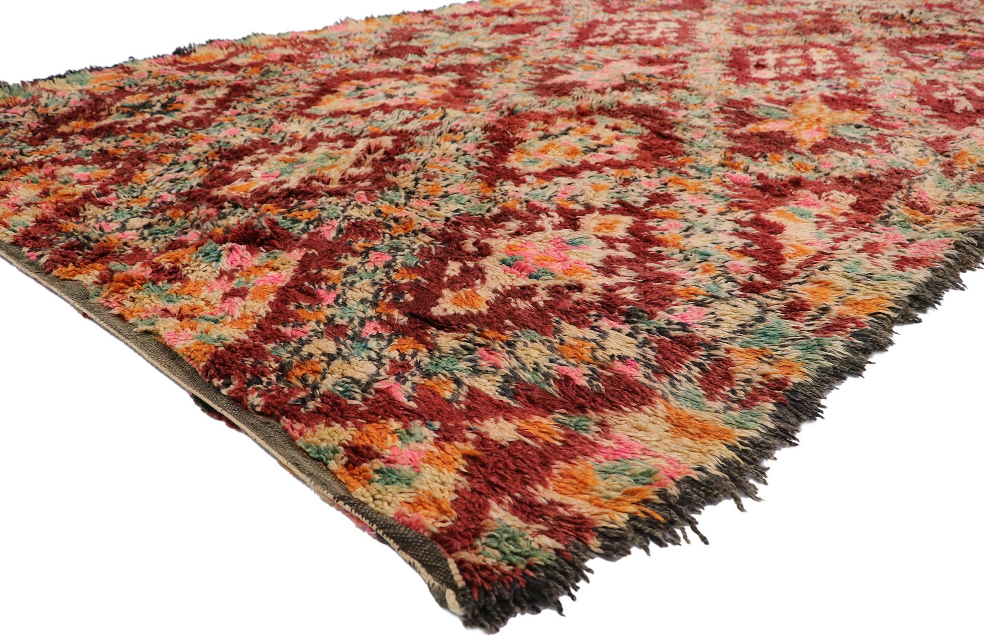 21195 Vintage Berber Beni M'Guild Moroccan rug with Bohemian Style 06'05 x 11'06. Showcasing a bold expressive design, incredible detail and texture, this hand knotted wool vintage Berber Beni M'Guild Moroccan rug is a captivating vision of woven