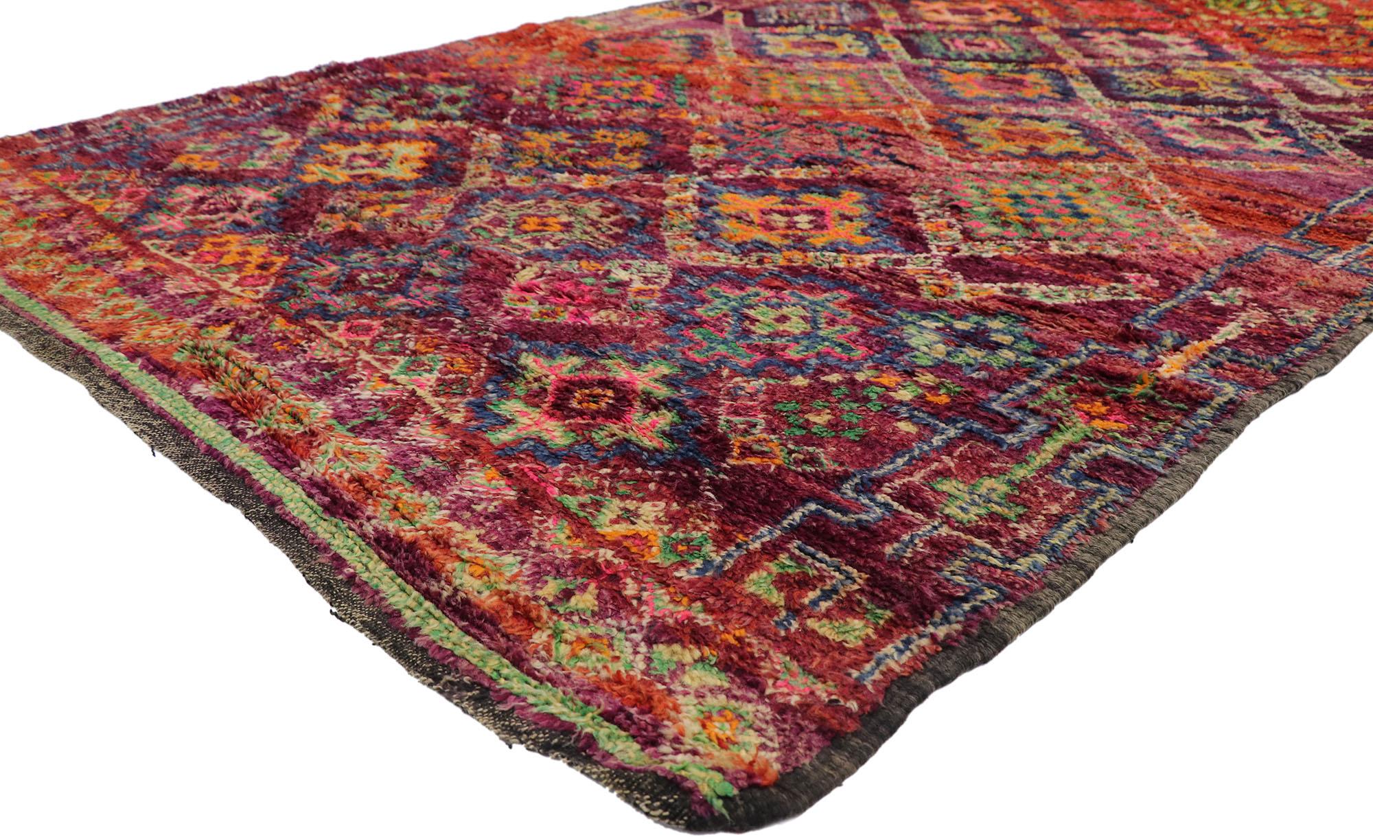 21321 Vintage Berber Beni M'Guild Moroccan rug with Bohemian Style 06'02 x 09'11. Showcasing a bold expressive design, incredible detail and texture, this hand knotted wool vintage Berber Beni M'Guild Moroccan rug is a captivating vision of woven