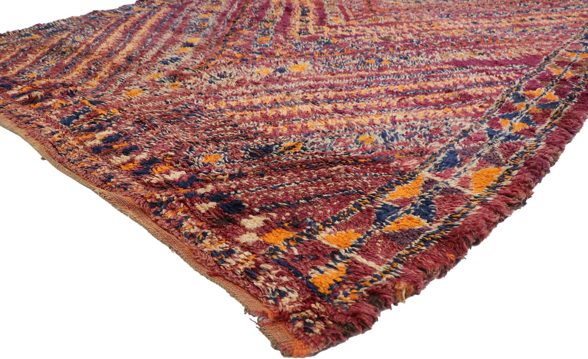 21324 Vintage Berber Beni M'Guild Moroccan rug with Bohemian Style 06'08 x 09'09. Showcasing a bold expressive design, incredible detail and texture, this hand knotted wool vintage Berber Beni M'Guild Moroccan rug is a captivating vision of woven