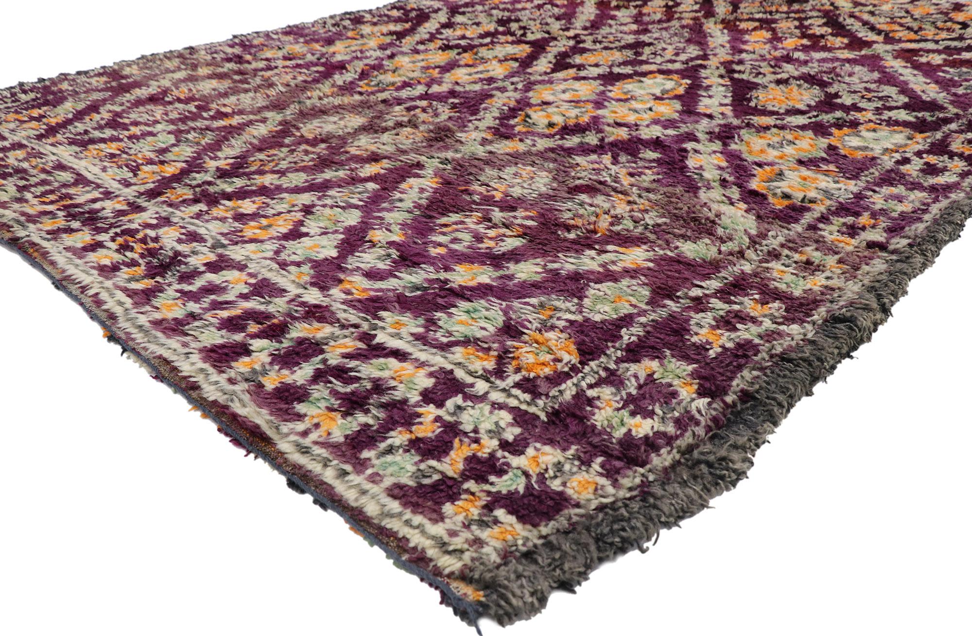 21211 vintage Berber Beni M'Guild Moroccan rug with Bohemian Tribal style 06'10 x 10'05. Showcasing a bold expressive design, incredible detail and texture, this hand knotted wool vintage Berber Beni M'Guild Moroccan rug is a captivating vision of
