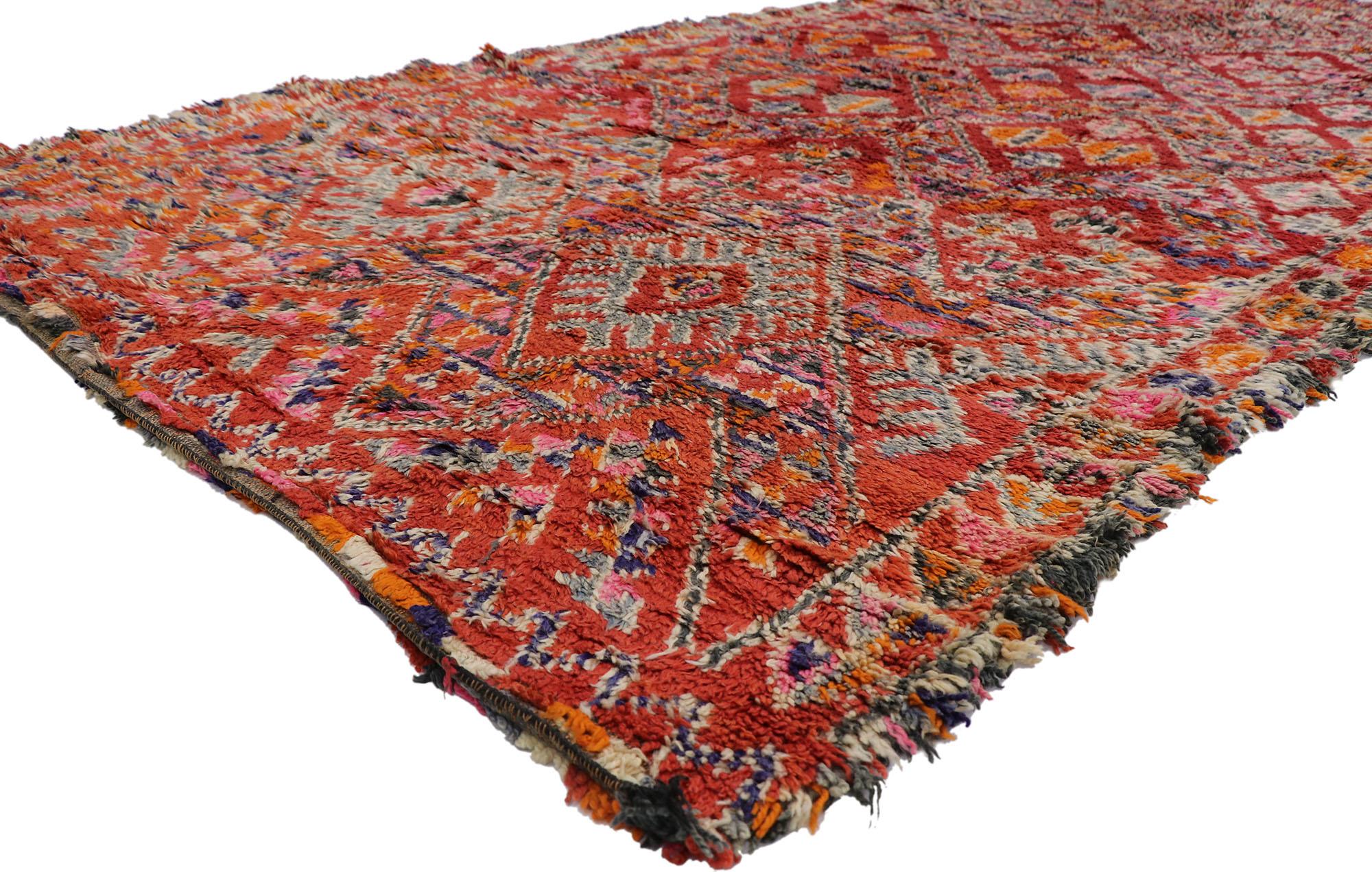 21209 Vintage Berber Beni M'Guild Moroccan rug with Boho Chic Tribal Style 06'04 x 12'04. Showcasing a bold expressive design, incredible detail and texture, this hand knotted wool vintage Berber Beni M'Guild Moroccan rug is a captivating vision of