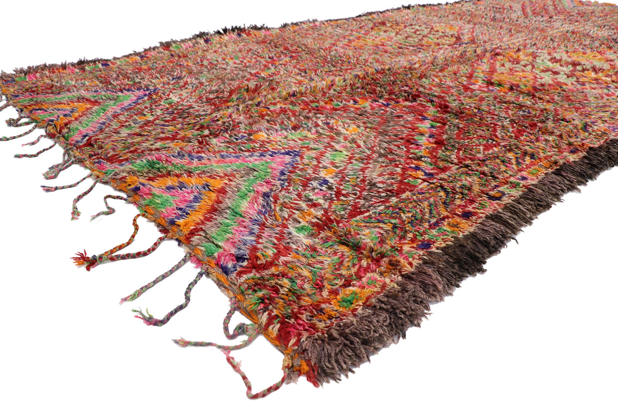 21210 Vintage Berber Beni M'Guild Moroccan rug with Boho Chic Tribal Style 06'02 x 12'09. Showcasing a bold expressive design, incredible detail and texture, this hand knotted wool vintage Berber Beni M'Guild Moroccan rug is a captivating vision of