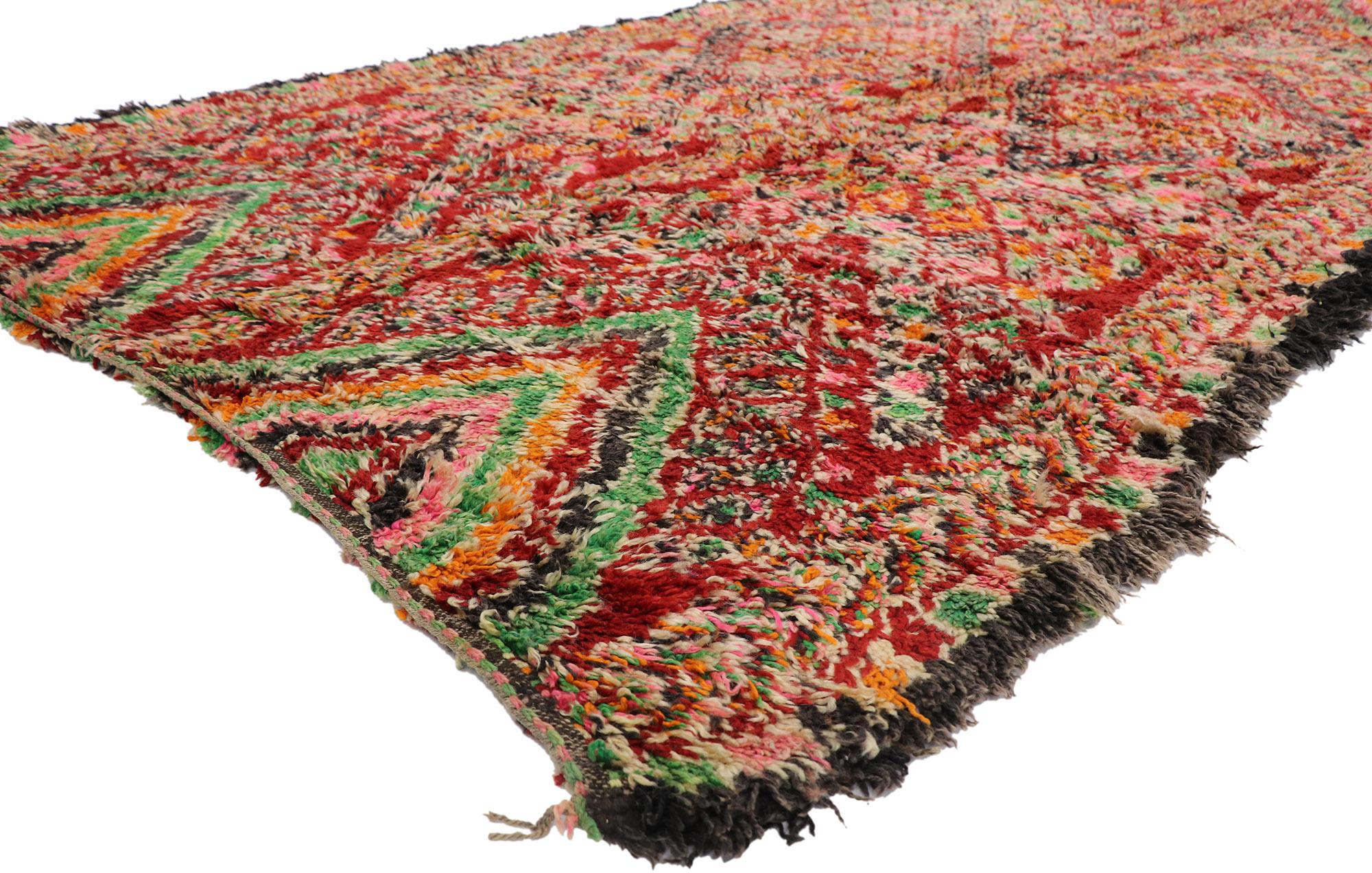 21273 Vintage Berber Beni M'Guild Moroccan Rug with Boho Chic Tribal Style 06'01 x 12'05. Showcasing a bold expressive design, incredible detail and texture, this hand knotted wool vintage Berber Beni M'Guild Moroccan rug is a captivating vision of